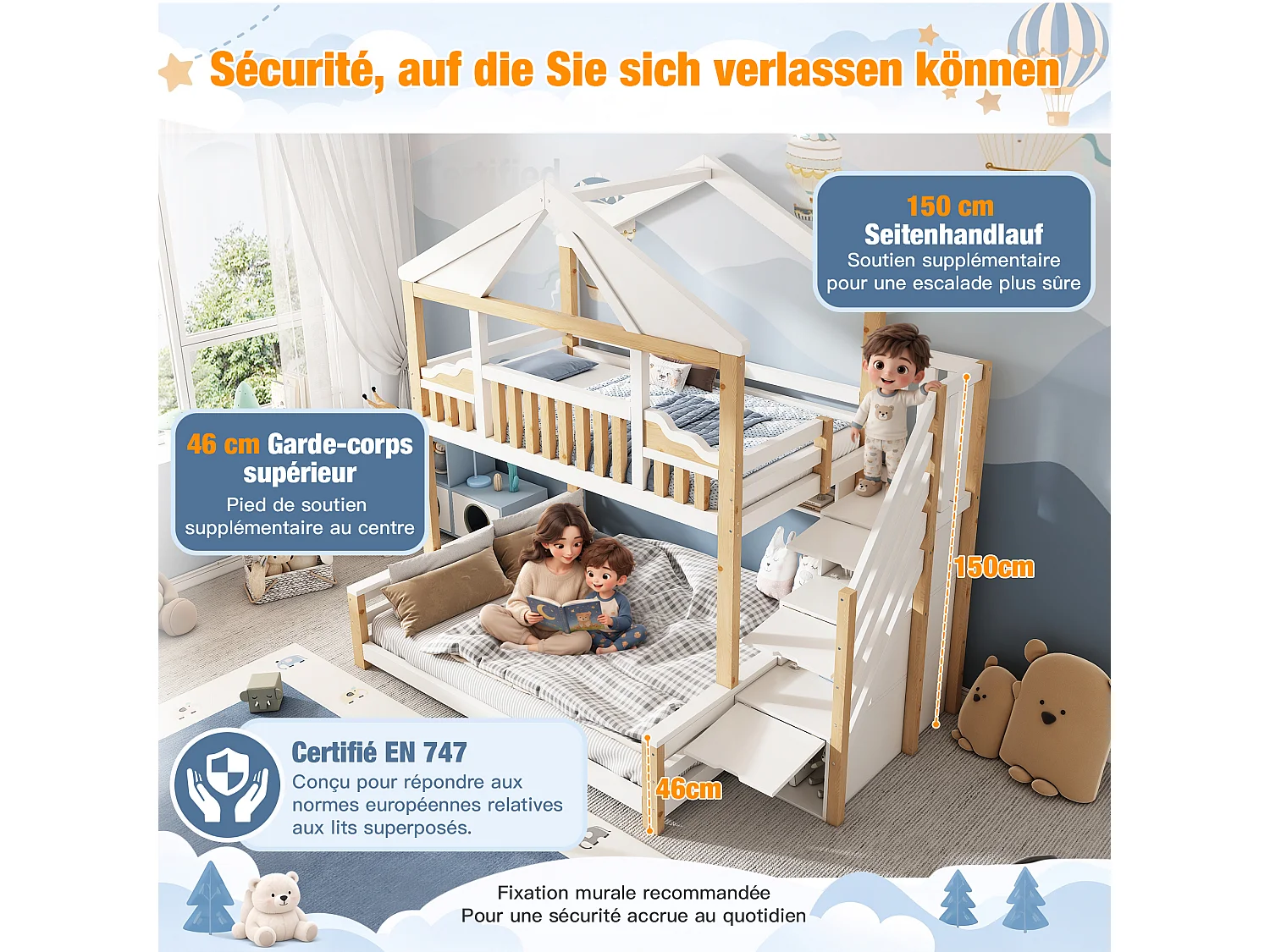 Lit superposé 90x200cm + 140x200cm - conception de maison - avec garde-corps et escalier de rangement - Bois massif + MDF - Blanc (sans matelas)