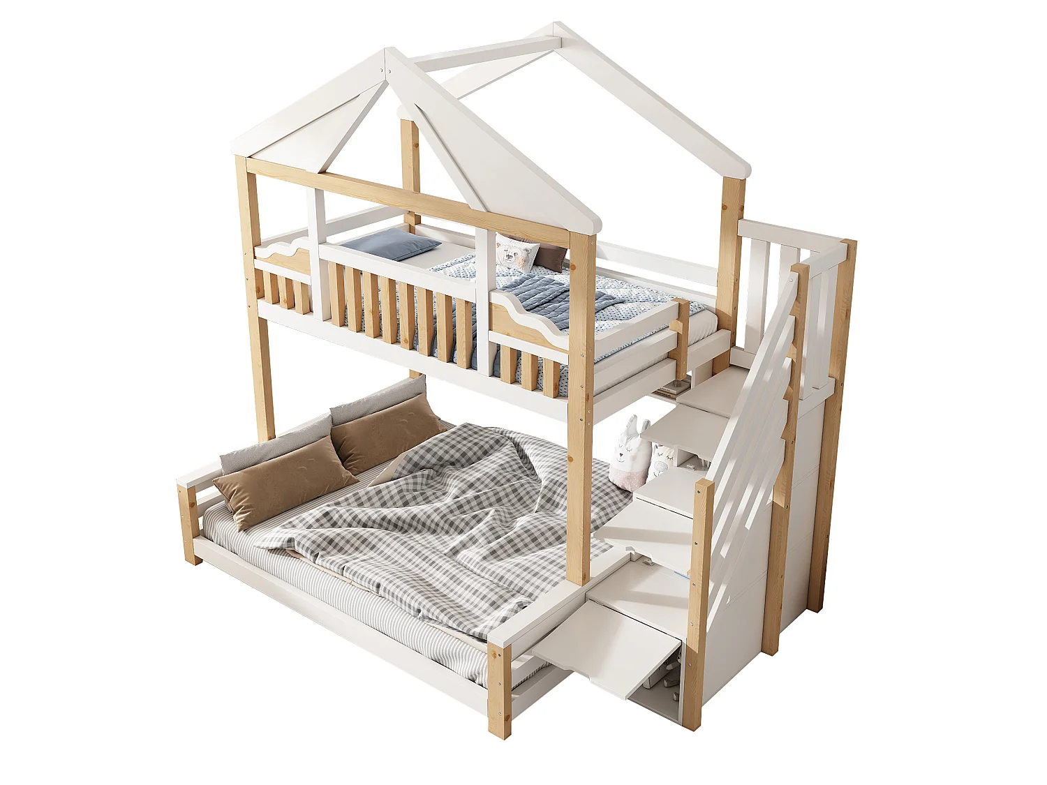 Lit superposé 90x200cm + 140x200cm - conception de maison - avec garde-corps et escalier de rangement - Bois massif + MDF - Blanc (sans matelas)
