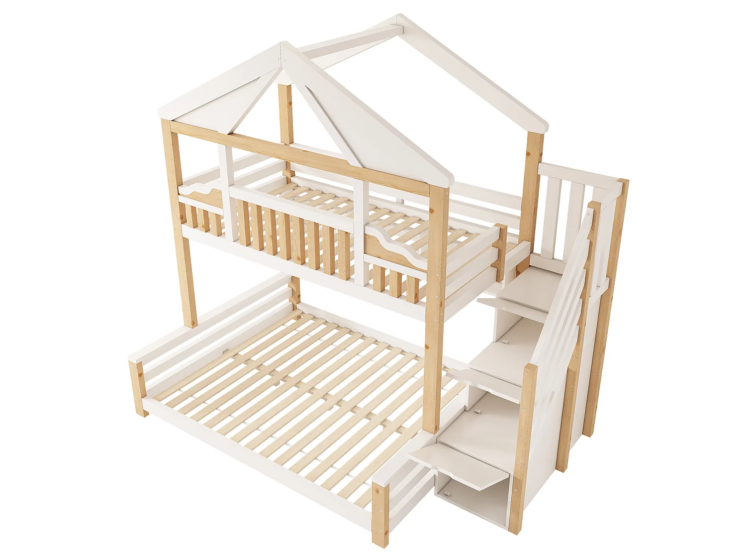 Lit superposé 90x200cm + 140x200cm - conception de maison - avec garde-corps et escalier de rangement - Bois massif + MDF - Blanc (sans matelas)
