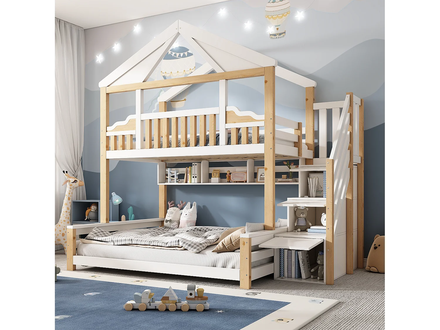Lit superposé 90x200cm + 140x200cm - conception de maison - avec garde-corps et escalier de rangement - Bois massif + MDF - Blanc (sans matelas)