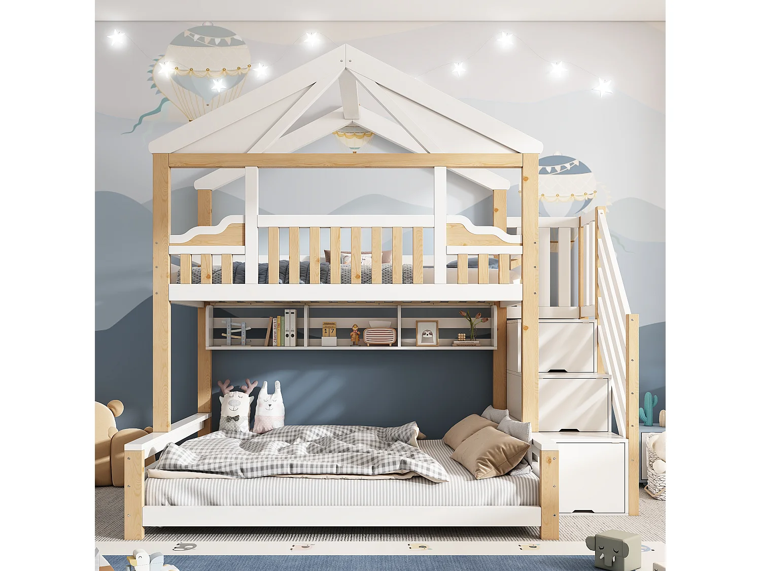 Lit superposé 90x200cm + 140x200cm - conception de maison - avec garde-corps et escalier de rangement - Bois massif + MDF - Blanc (sans matelas)