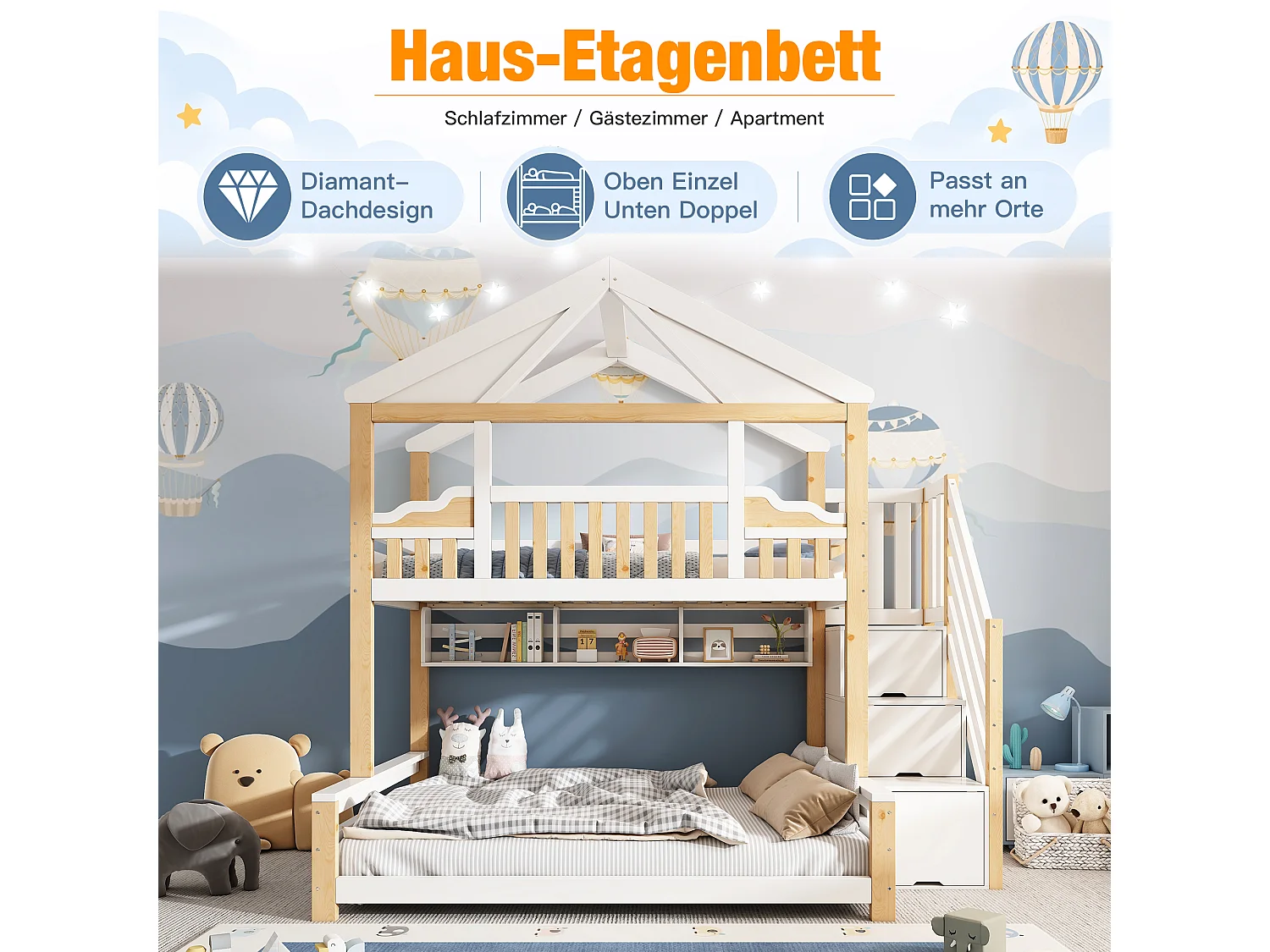 Lit superposé 90x200cm + 140x200cm - conception de maison - avec garde-corps et escalier de rangement - Bois massif + MDF - Blanc (sans matelas)