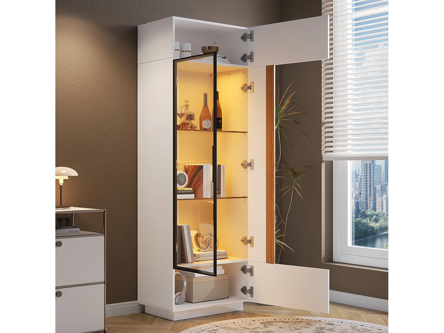 Vitrina alta con porta in vetro 60x40x180cn - Illuminazione LED e 2 porte - Finitura lucida - Pannelli di particelle - Bianco