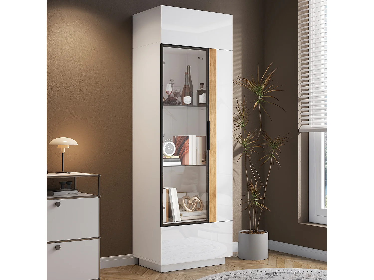 Vitrina alta con porta in vetro 60x40x180cn - Illuminazione LED e 2 porte - Finitura lucida - Pannelli di particelle - Bianco
