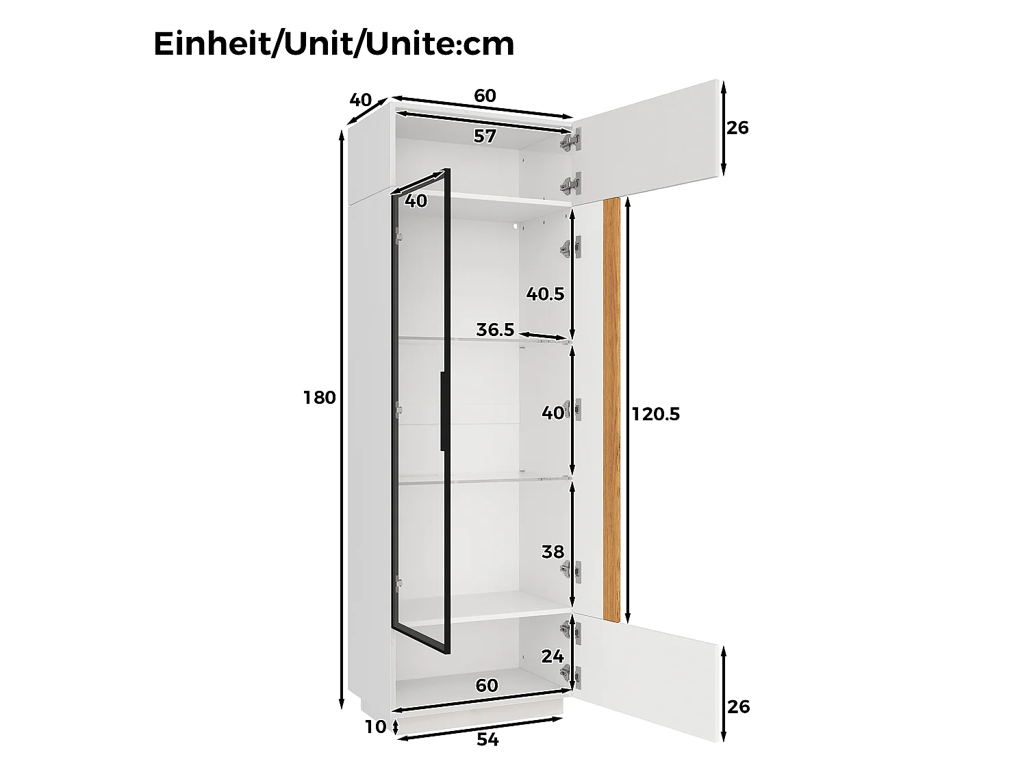 Vitrina alta con porta in vetro 60x40x180cn - Illuminazione LED e 2 porte - Finitura lucida - Pannelli di particelle - Bianco