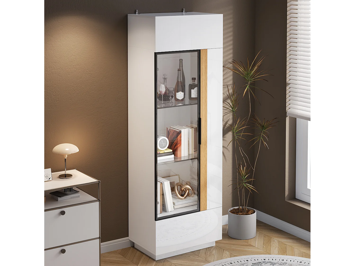 Vitrina alta con porta in vetro 60x40x180cn - Illuminazione LED e 2 porte - Finitura lucida - Pannelli di particelle - Bianco