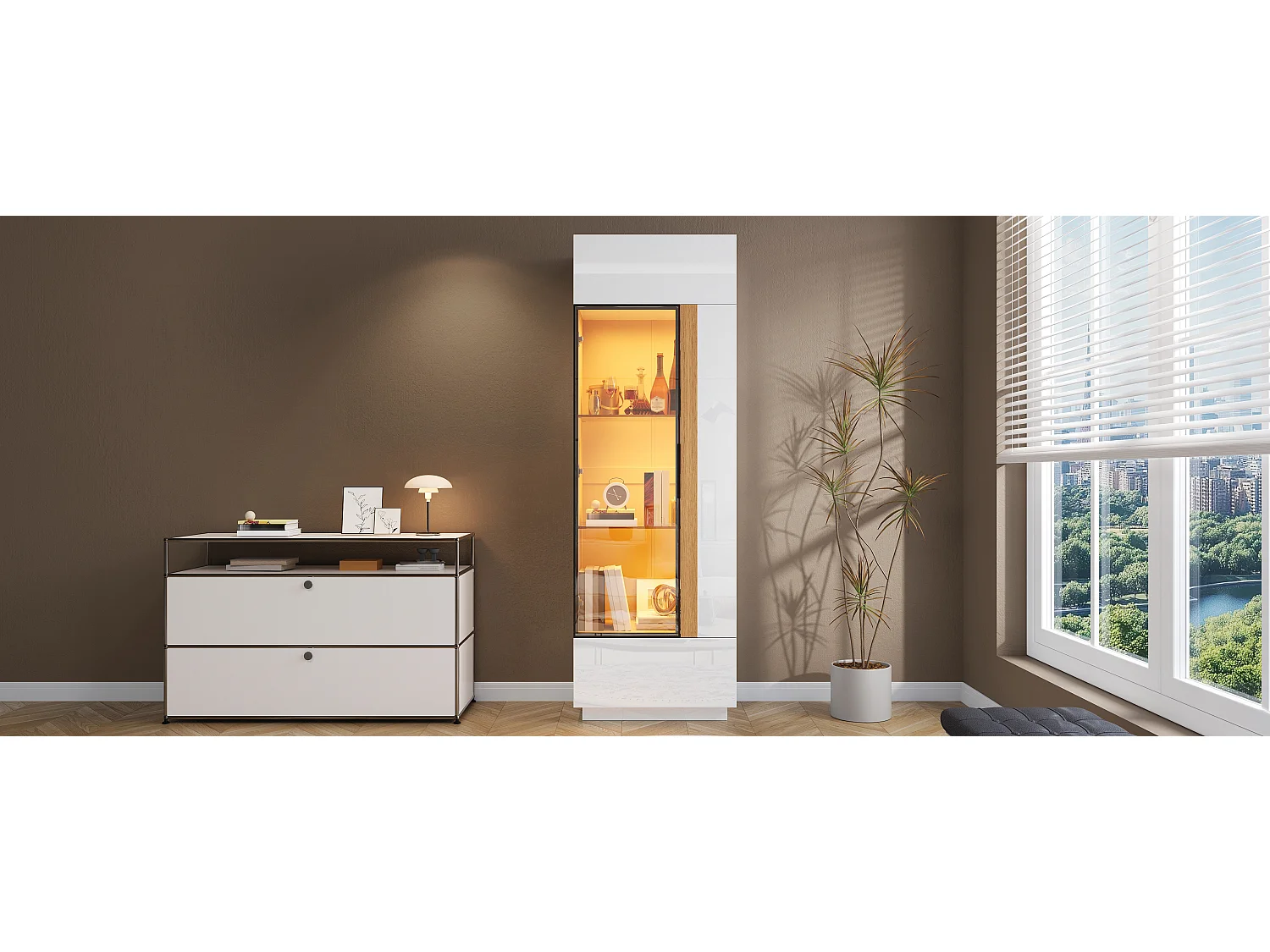 Vitrina alta con porta in vetro 60x40x180cn - Illuminazione LED e 2 porte - Finitura lucida - Pannelli di particelle - Bianco