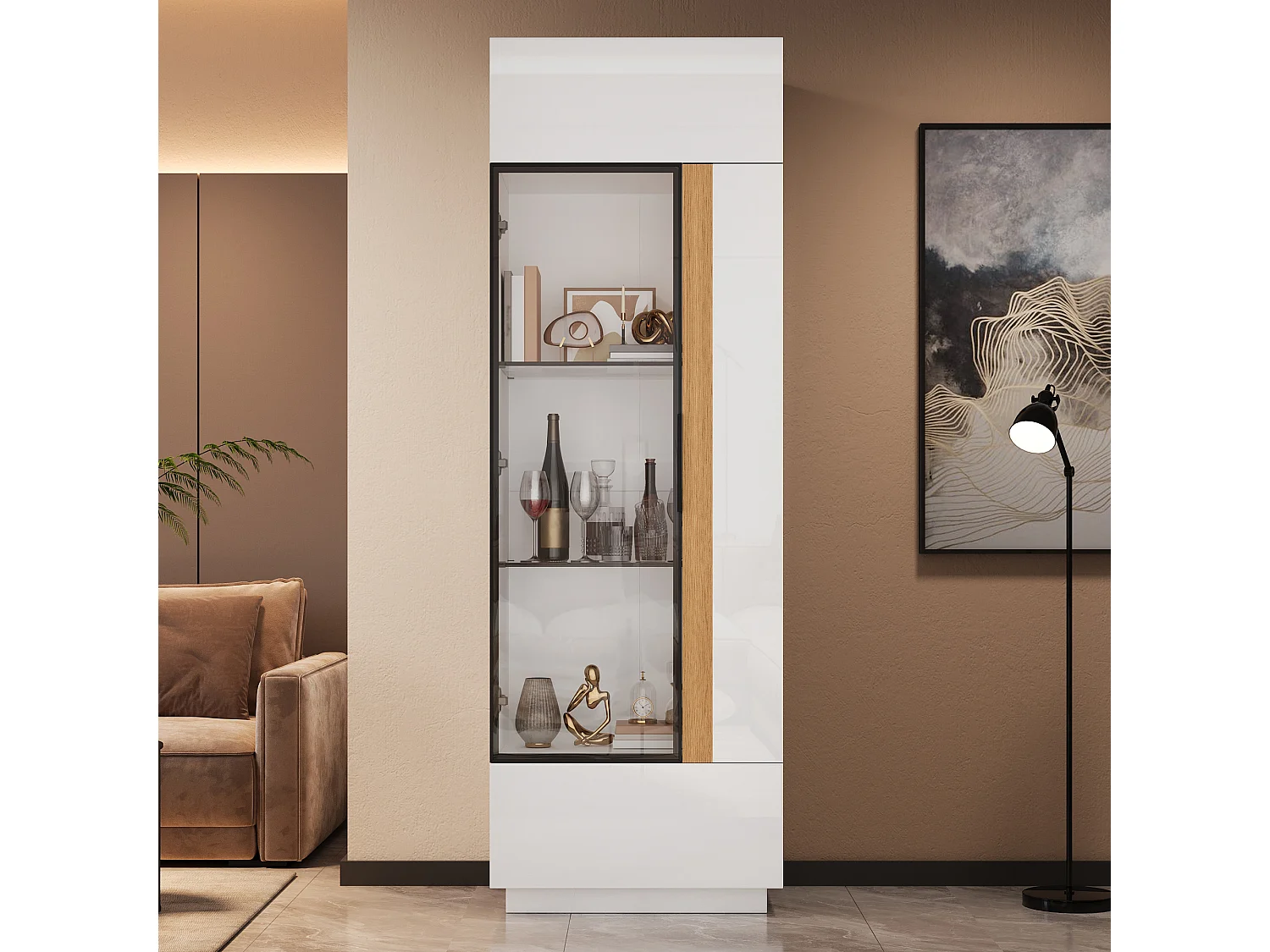 Vitrina alta con porta in vetro 60x40x180cn - Illuminazione LED e 2 porte - Finitura lucida - Pannelli di particelle - Bianco