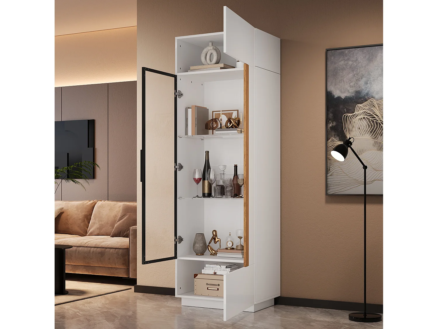Vitrina alta con porta in vetro 60x40x180cn - Illuminazione LED e 2 porte - Finitura lucida - Pannelli di particelle - Bianco