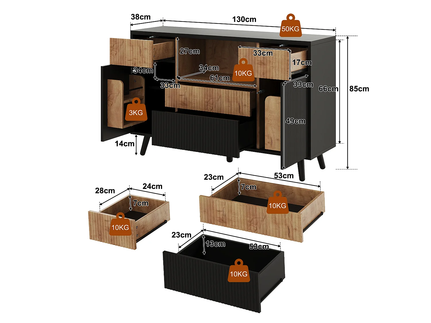 Modern sideboard 130x38x85cm - with LED lighting - with 2 doors and 4 drawers - adjustable shelf - Black + Natural