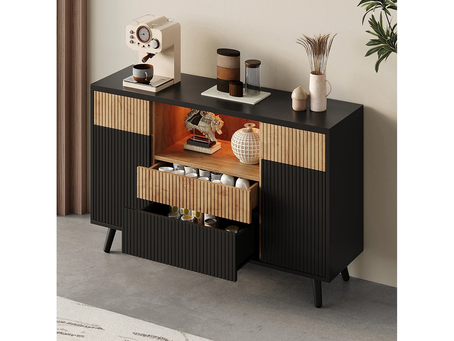 Modern sideboard 130x38x85cm - with LED lighting - with 2 doors and 4 drawers - adjustable shelf - Black + Natural