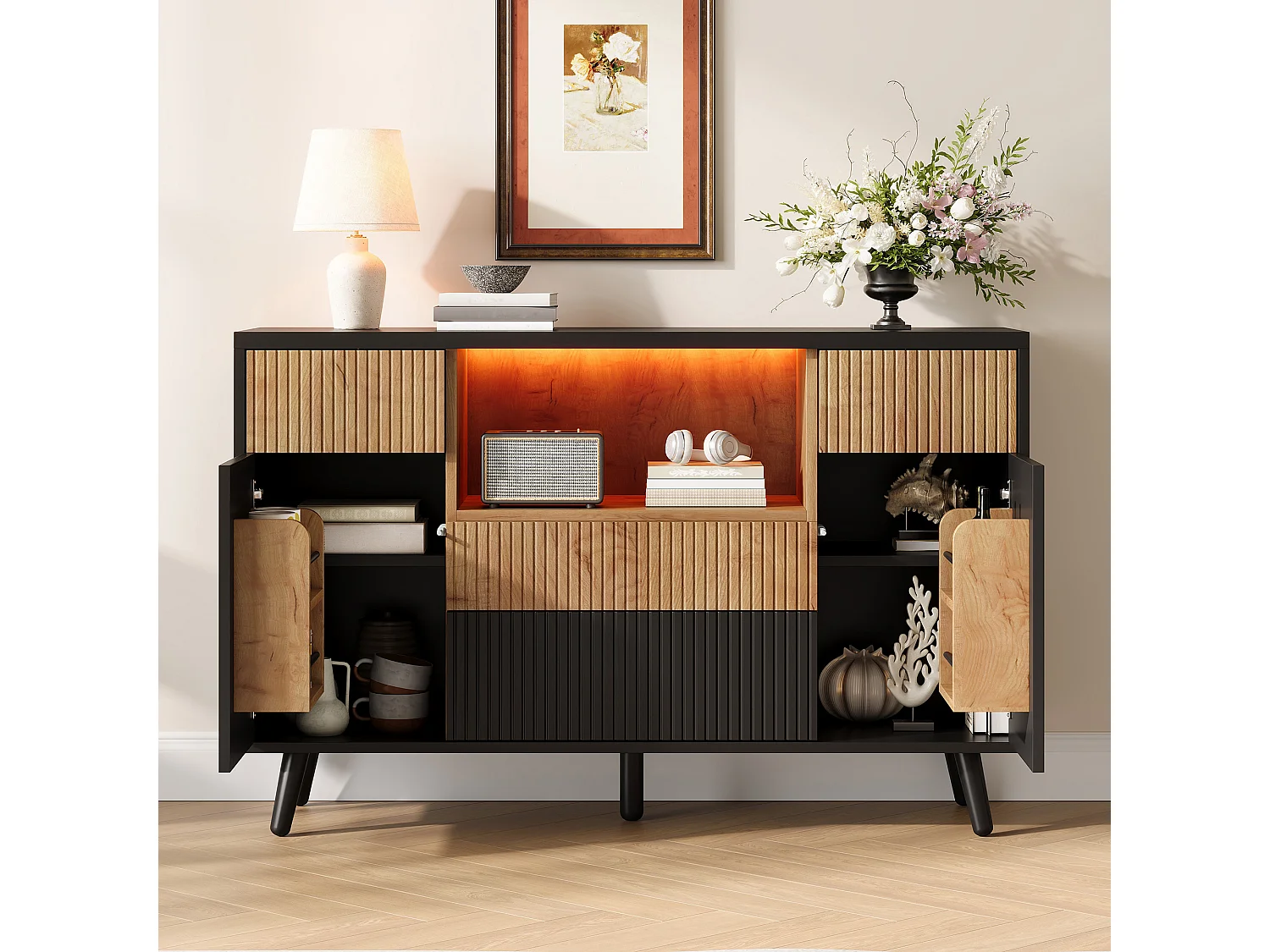 Modern sideboard 130x38x85cm - with LED lighting - with 2 doors and 4 drawers - adjustable shelf - Black + Natural