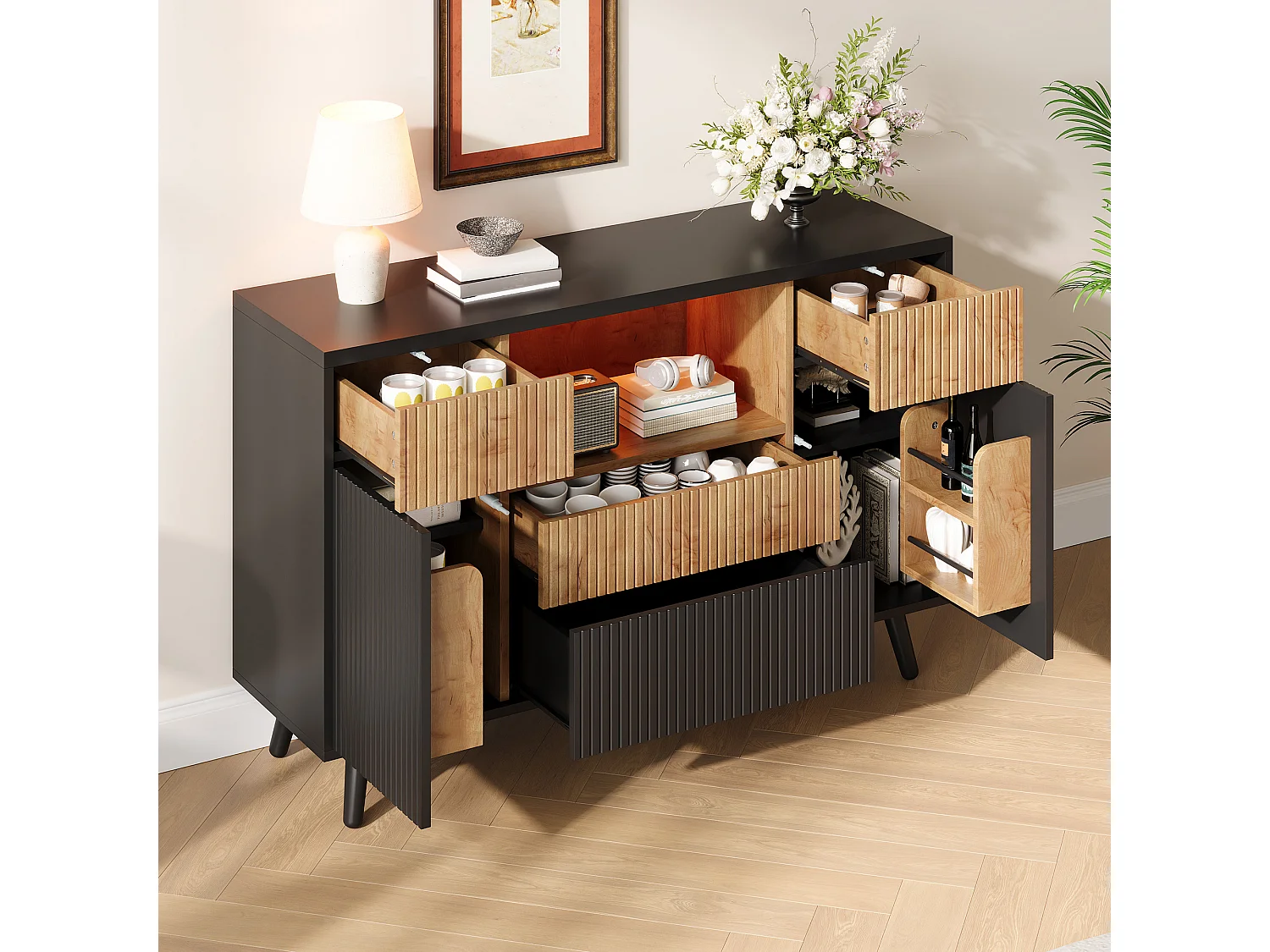 Modern sideboard 130x38x85cm - with LED lighting - with 2 doors and 4 drawers - adjustable shelf - Black + Natural