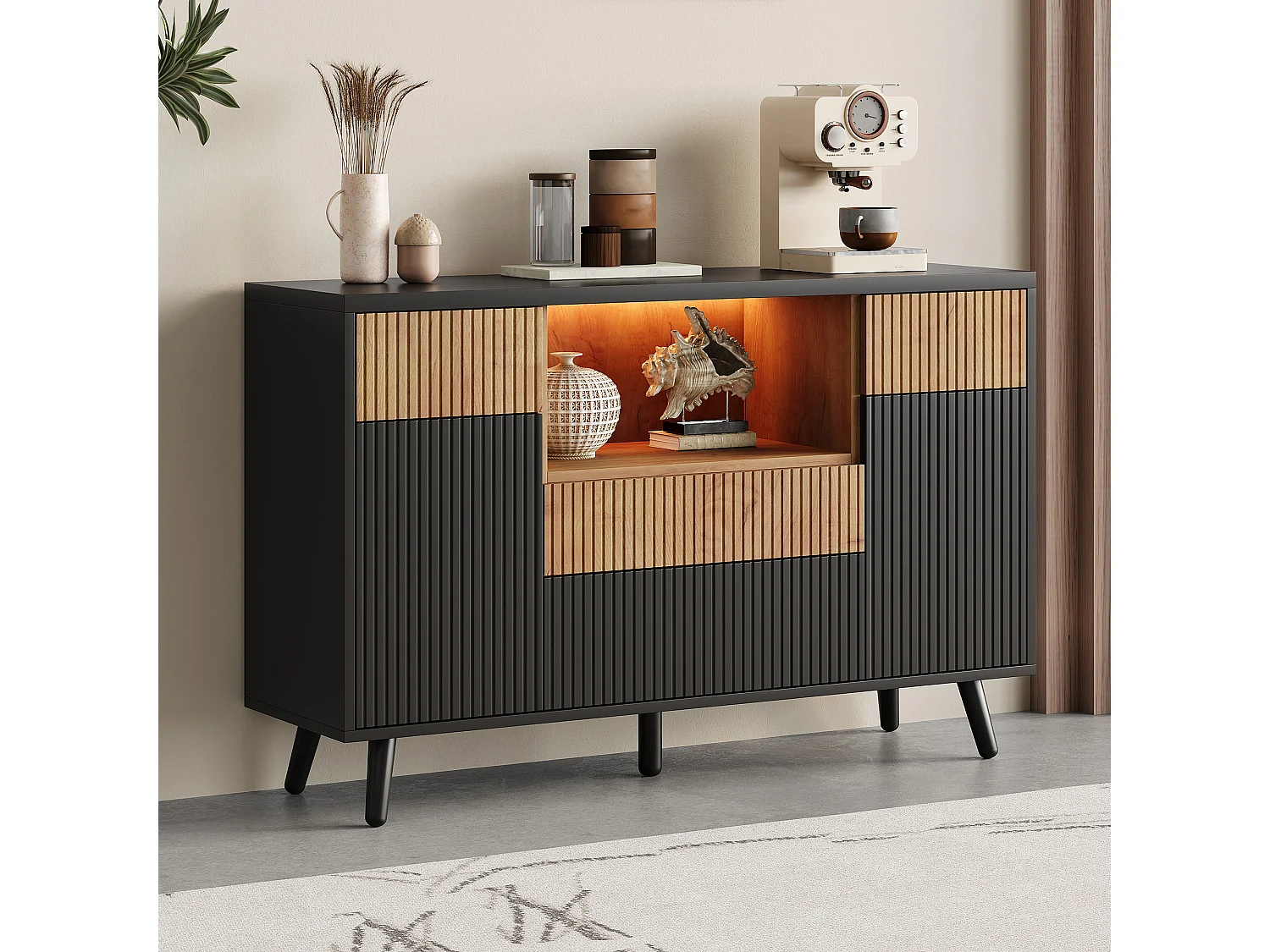 Modern sideboard 130x38x85cm - with LED lighting - with 2 doors and 4 drawers - adjustable shelf - Black + Natural