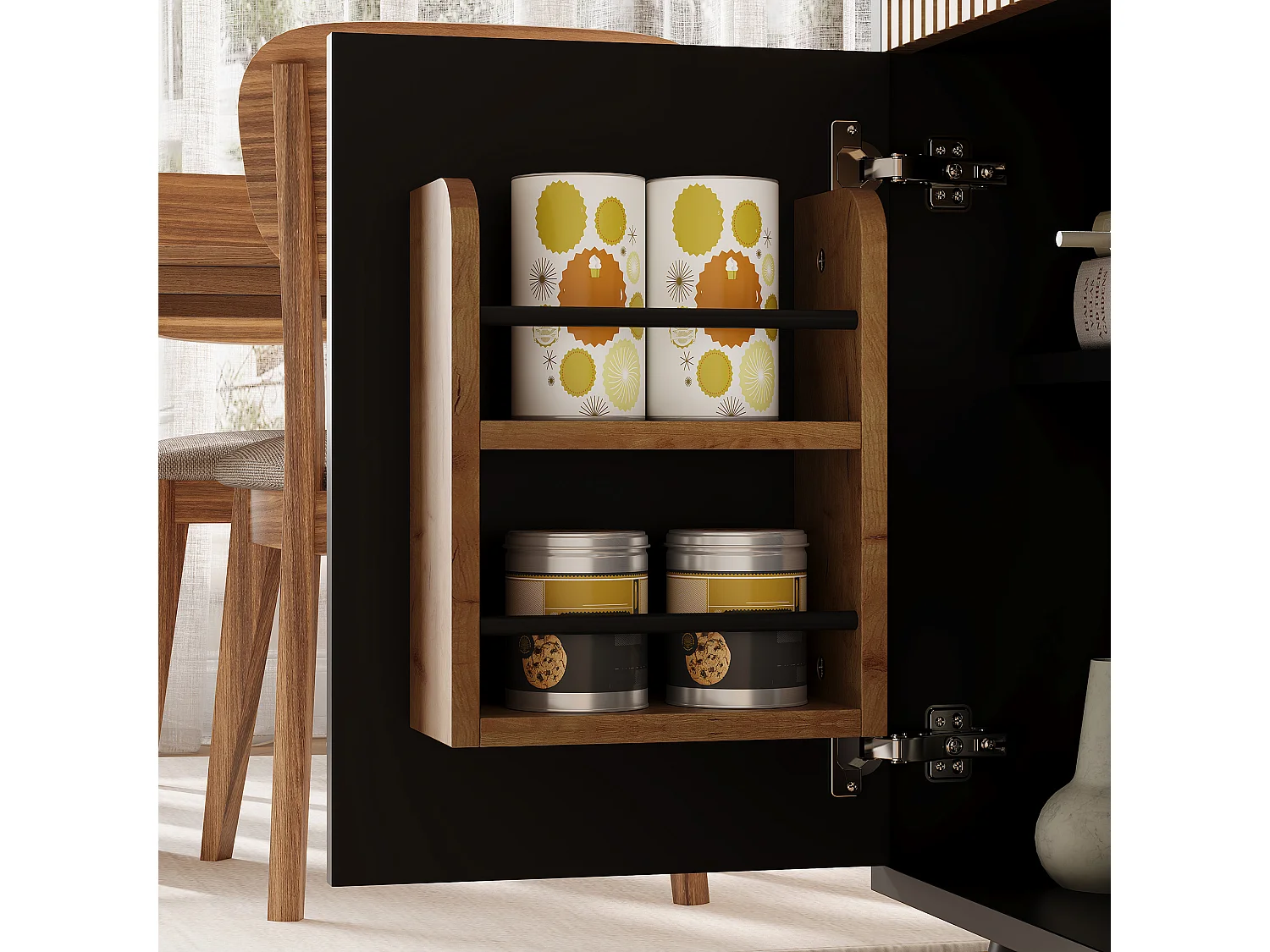 Modern sideboard 130x38x85cm - with LED lighting - with 2 doors and 4 drawers - adjustable shelf - Black + Natural