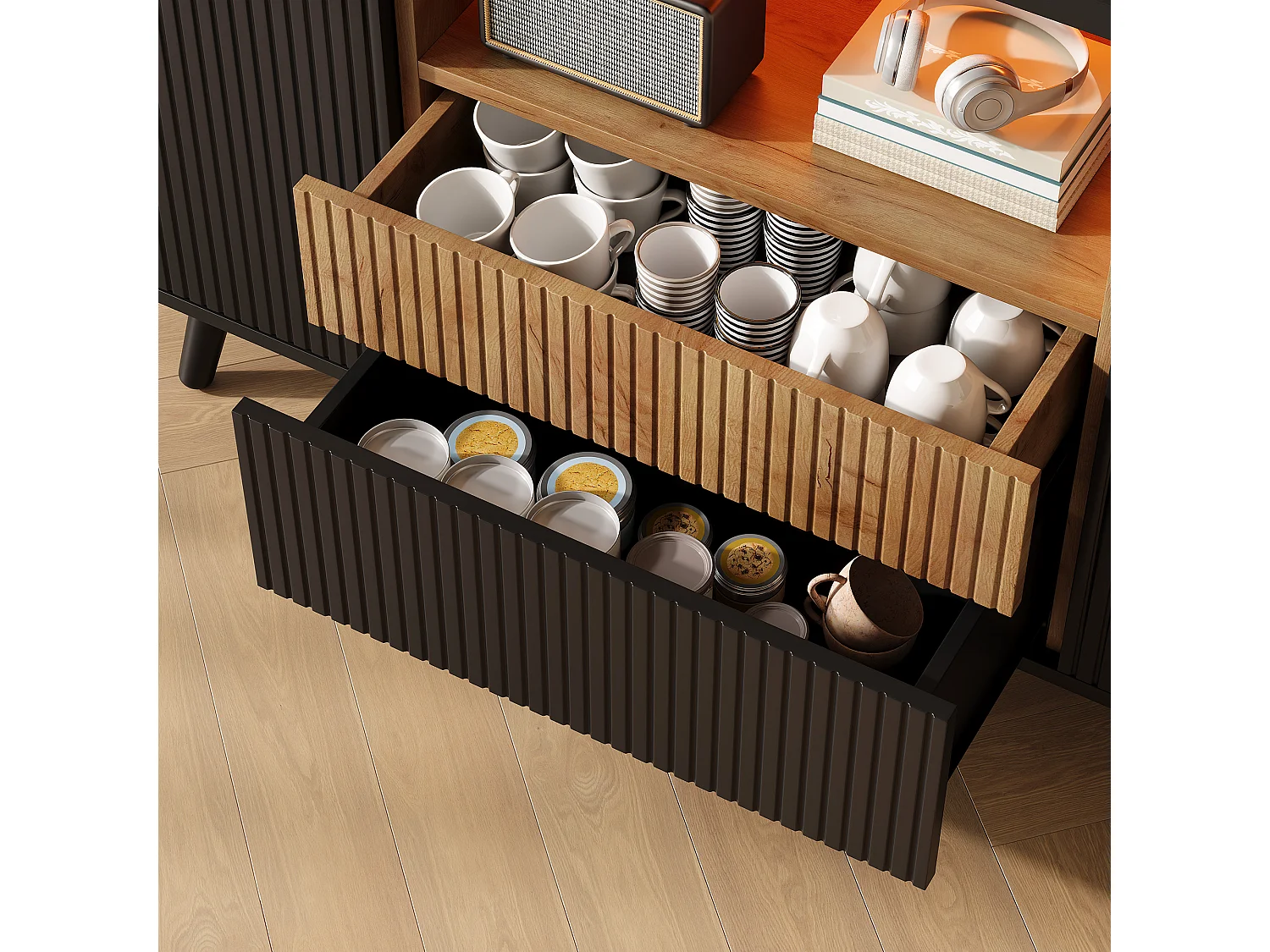 Modern sideboard 130x38x85cm - with LED lighting - with 2 doors and 4 drawers - adjustable shelf - Black + Natural