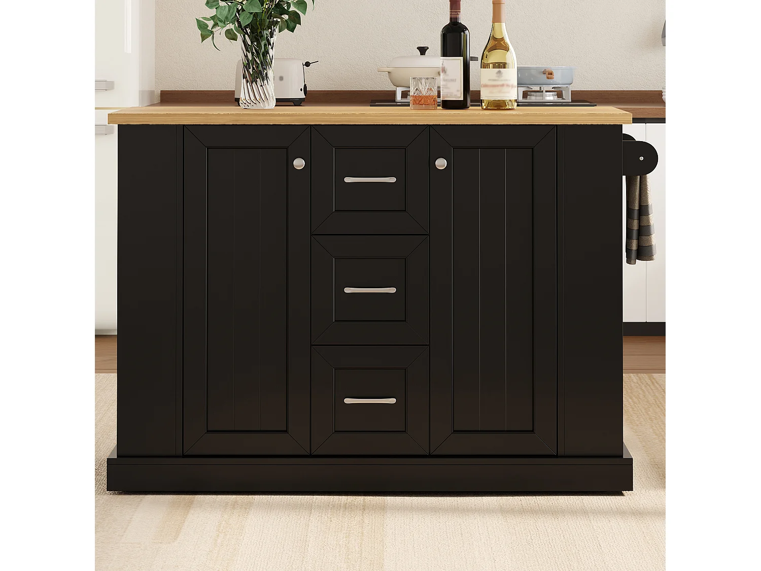 Kitchen island - folding dining table - with 2 doors and 3 drawers - with lockable swivel casters - Black