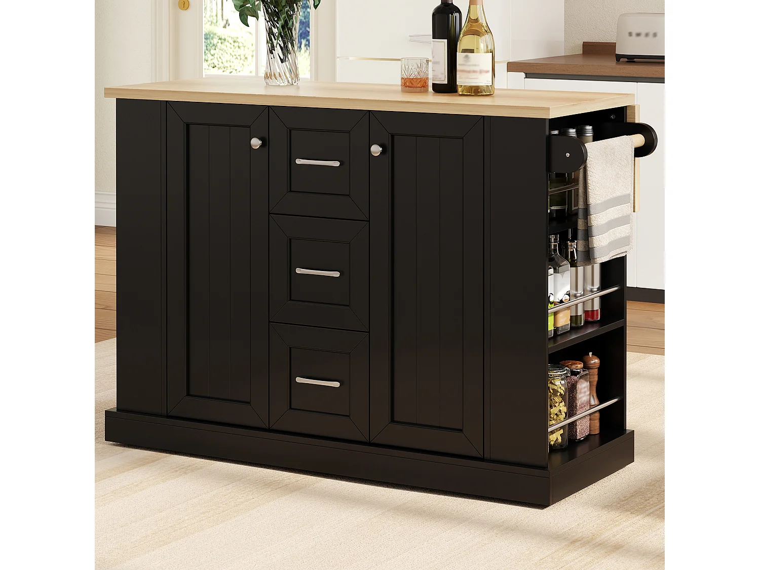 Kitchen island - folding dining table - with 2 doors and 3 drawers - with lockable swivel casters - Black
