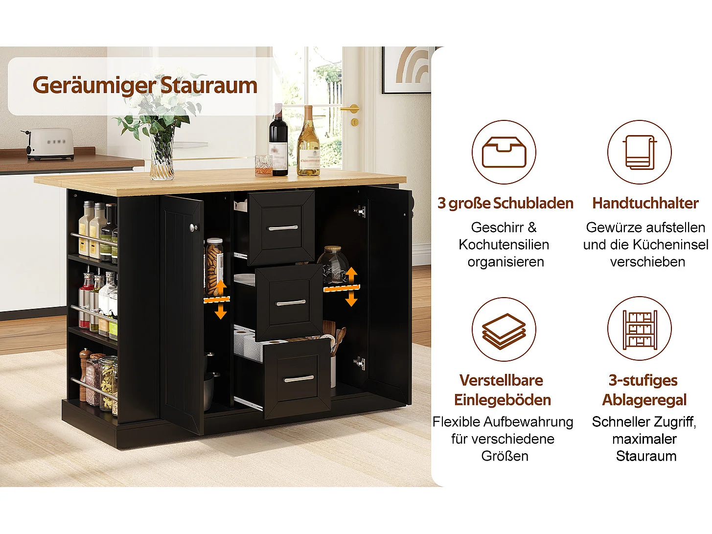 Kitchen island - folding dining table - with 2 doors and 3 drawers - with lockable swivel casters - Black