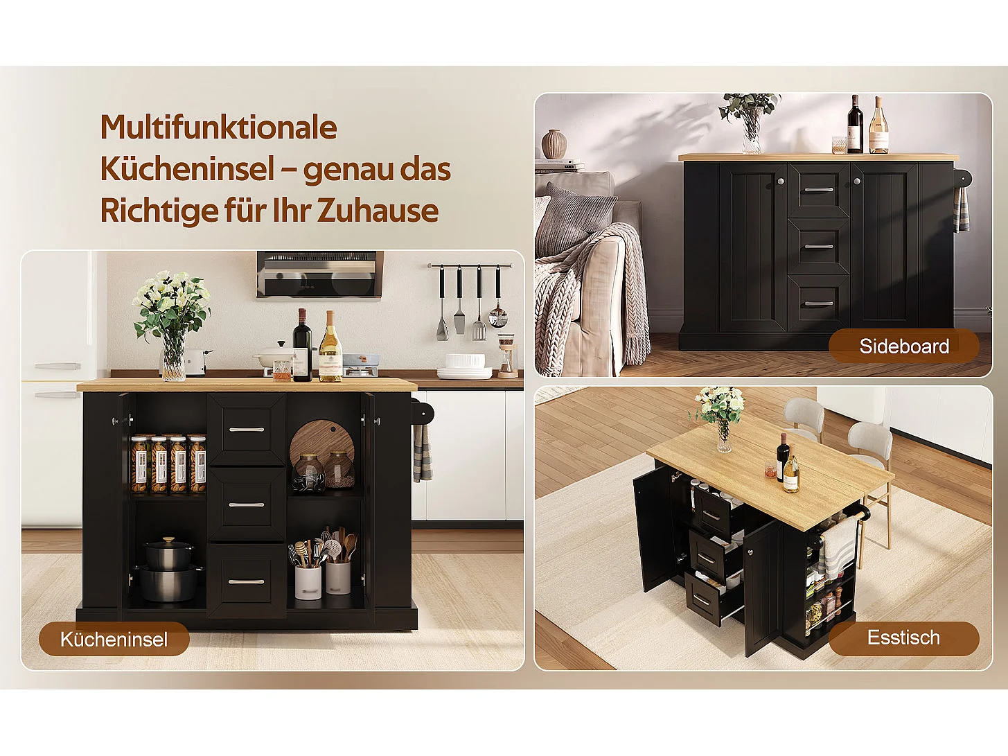 Kitchen island - folding dining table - with 2 doors and 3 drawers - with lockable swivel casters - Black