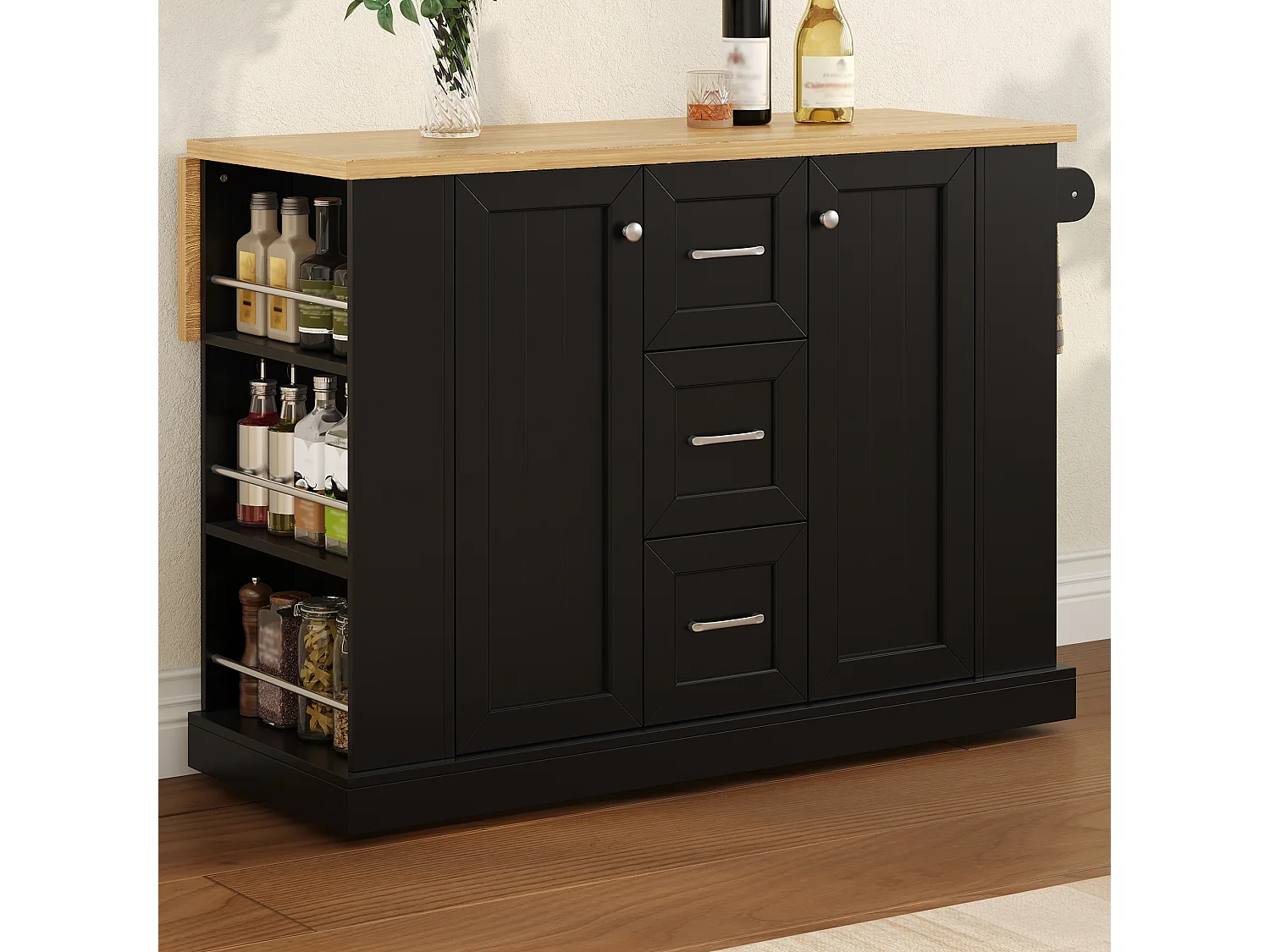 Kitchen island - folding dining table - with 2 doors and 3 drawers - with lockable swivel casters - Black
