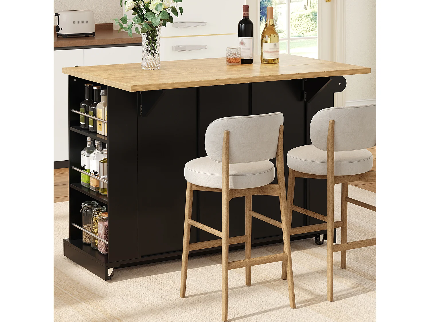 Kitchen island - folding dining table - with 2 doors and 3 drawers - with lockable swivel casters - Black