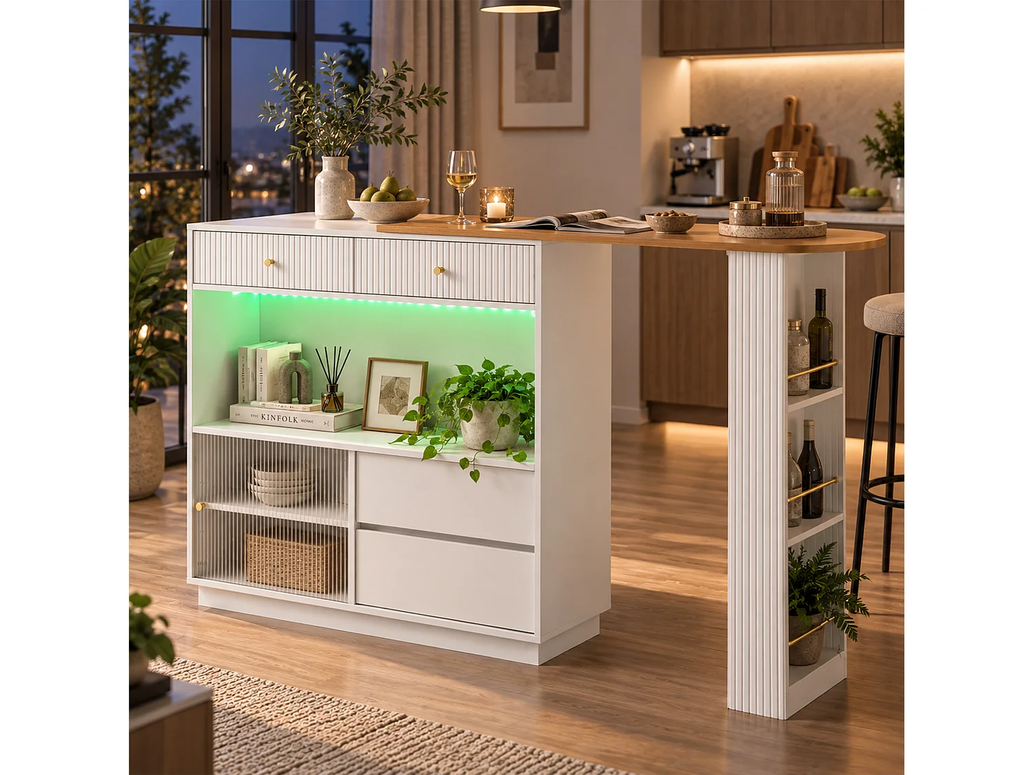 Uitschuifbare bartafel met opbergruimte - Mobiel en 360° draaibaar - LED-lichtstrip - 4 lades en 1 deur - Wit