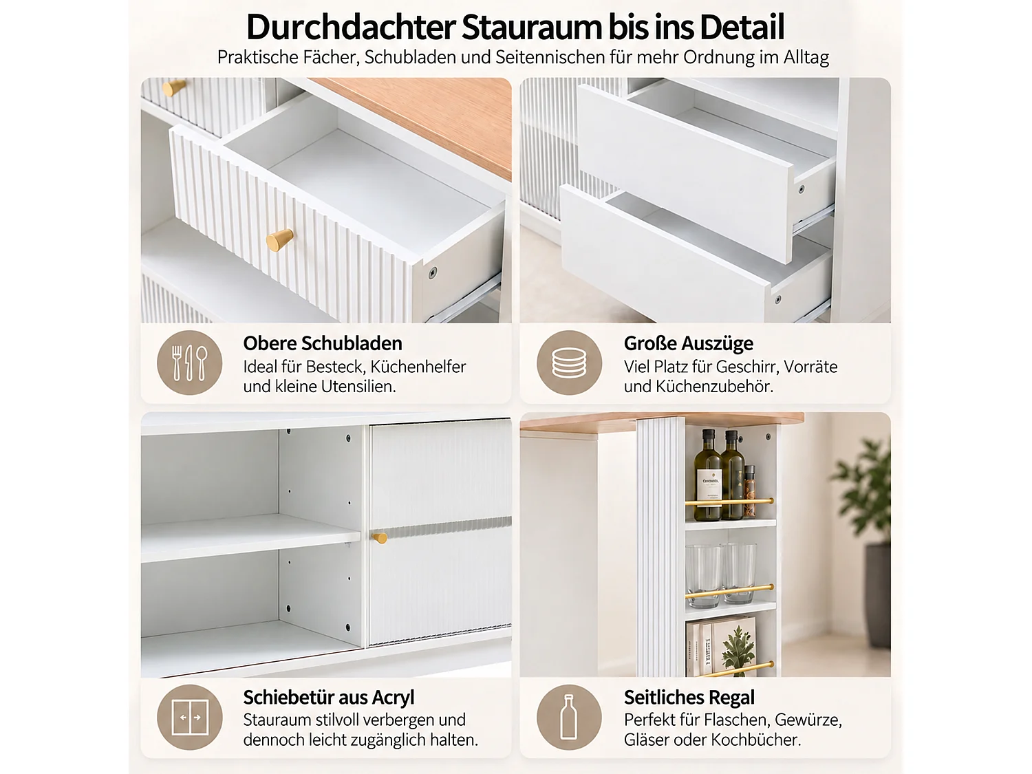 Uitschuifbare bartafel met opbergruimte - Mobiel en 360° draaibaar - LED-lichtstrip - 4 lades en 1 deur - Wit