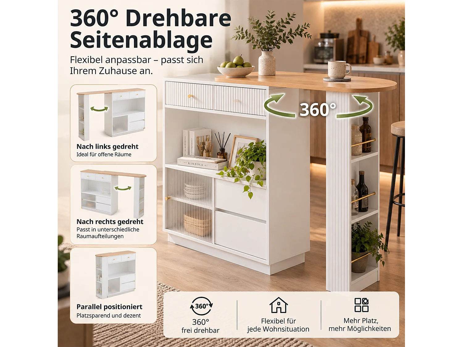 Uitschuifbare bartafel met opbergruimte - Mobiel en 360° draaibaar - LED-lichtstrip - 4 lades en 1 deur - Wit