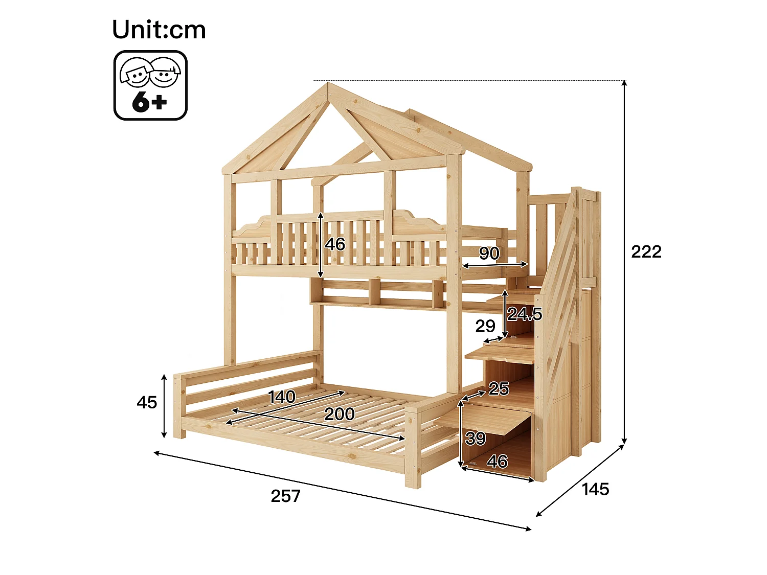 Lit superposé 90x200cm + 140x200cm - conception de maison - avec garde-corps et escalier de rangement - Bois massif + MDF - Naturel (sans matelas)