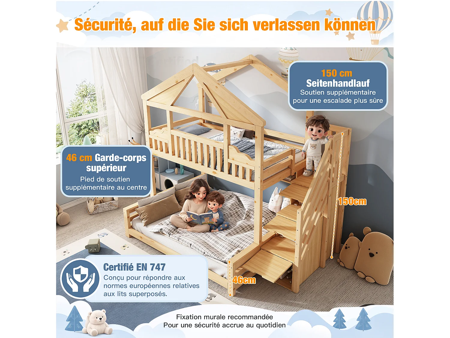 Lit superposé 90x200cm + 140x200cm - conception de maison - avec garde-corps et escalier de rangement - Bois massif + MDF - Naturel (sans matelas)