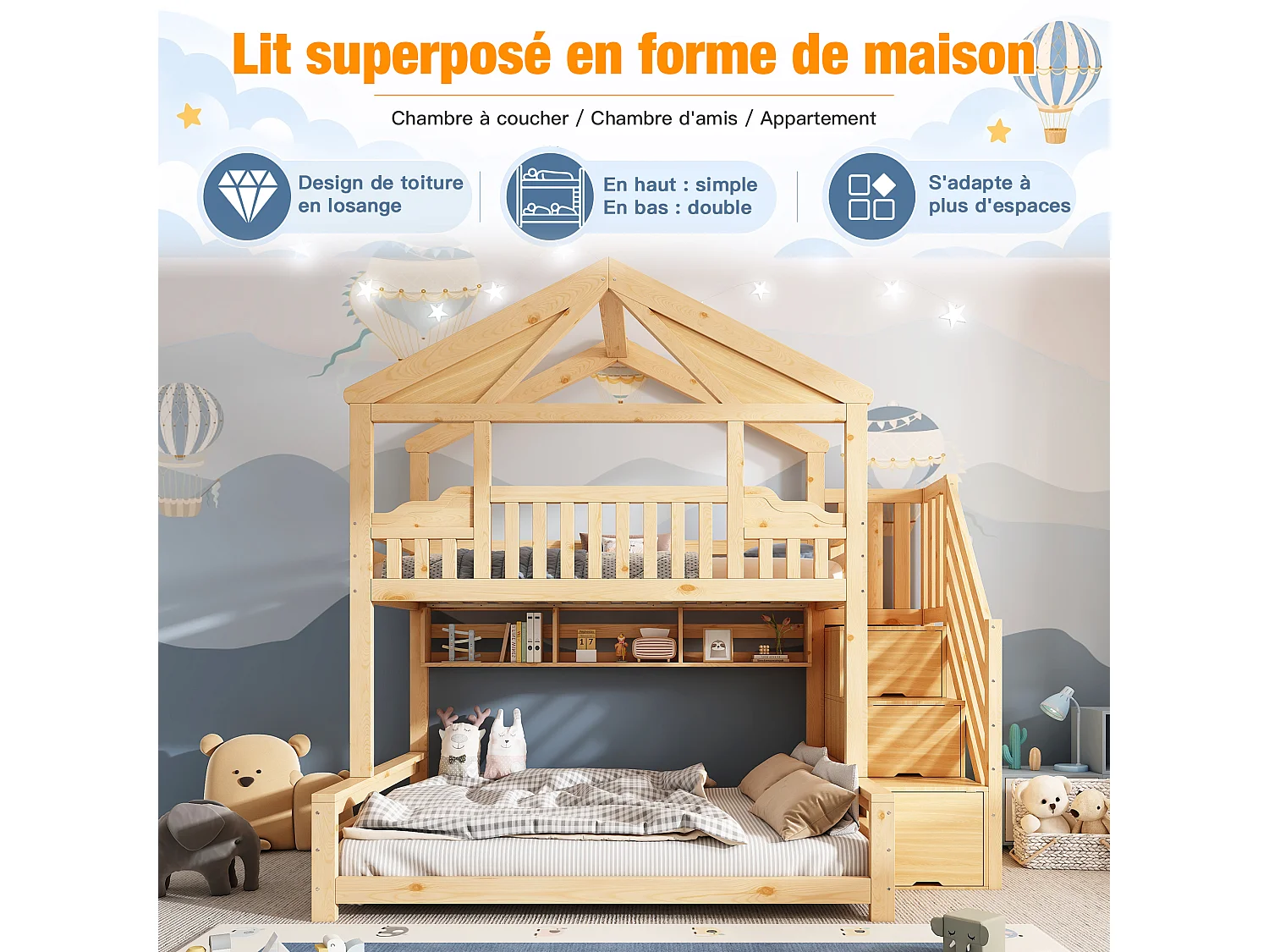 Lit superposé 90x200cm + 140x200cm - conception de maison - avec garde-corps et escalier de rangement - Bois massif + MDF - Naturel (sans matelas)