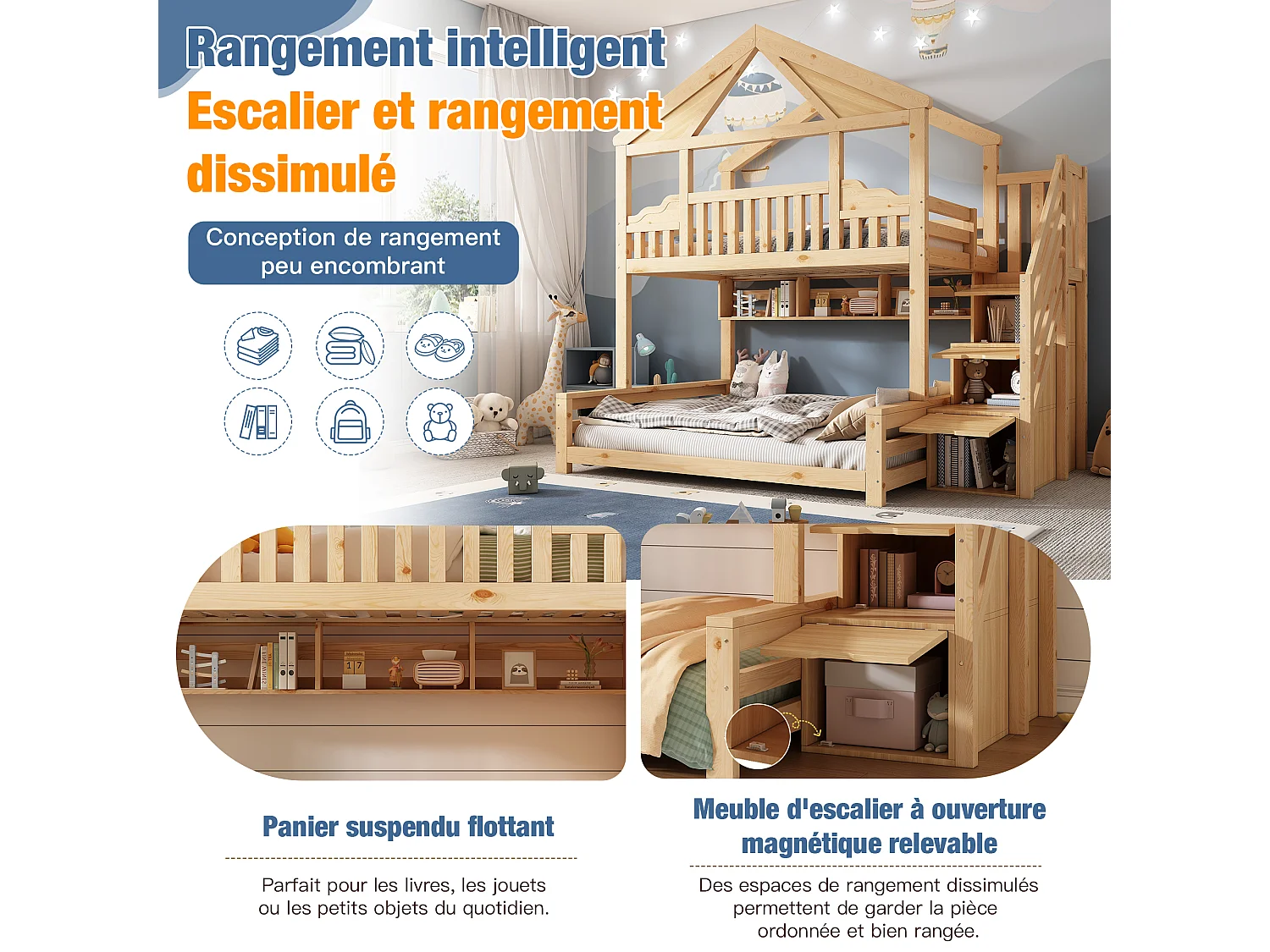 Lit superposé 90x200cm + 140x200cm - conception de maison - avec garde-corps et escalier de rangement - Bois massif + MDF - Naturel (sans matelas)