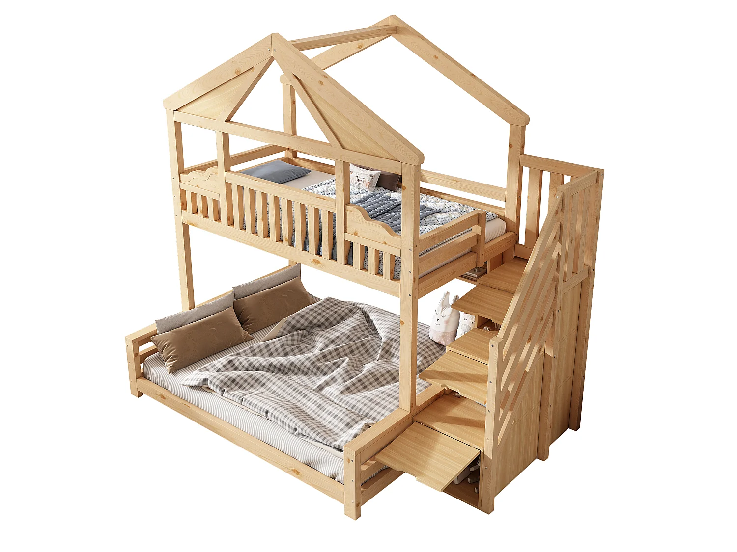 Lit superposé 90x200cm + 140x200cm - conception de maison - avec garde-corps et escalier de rangement - Bois massif + MDF - Naturel (sans matelas)
