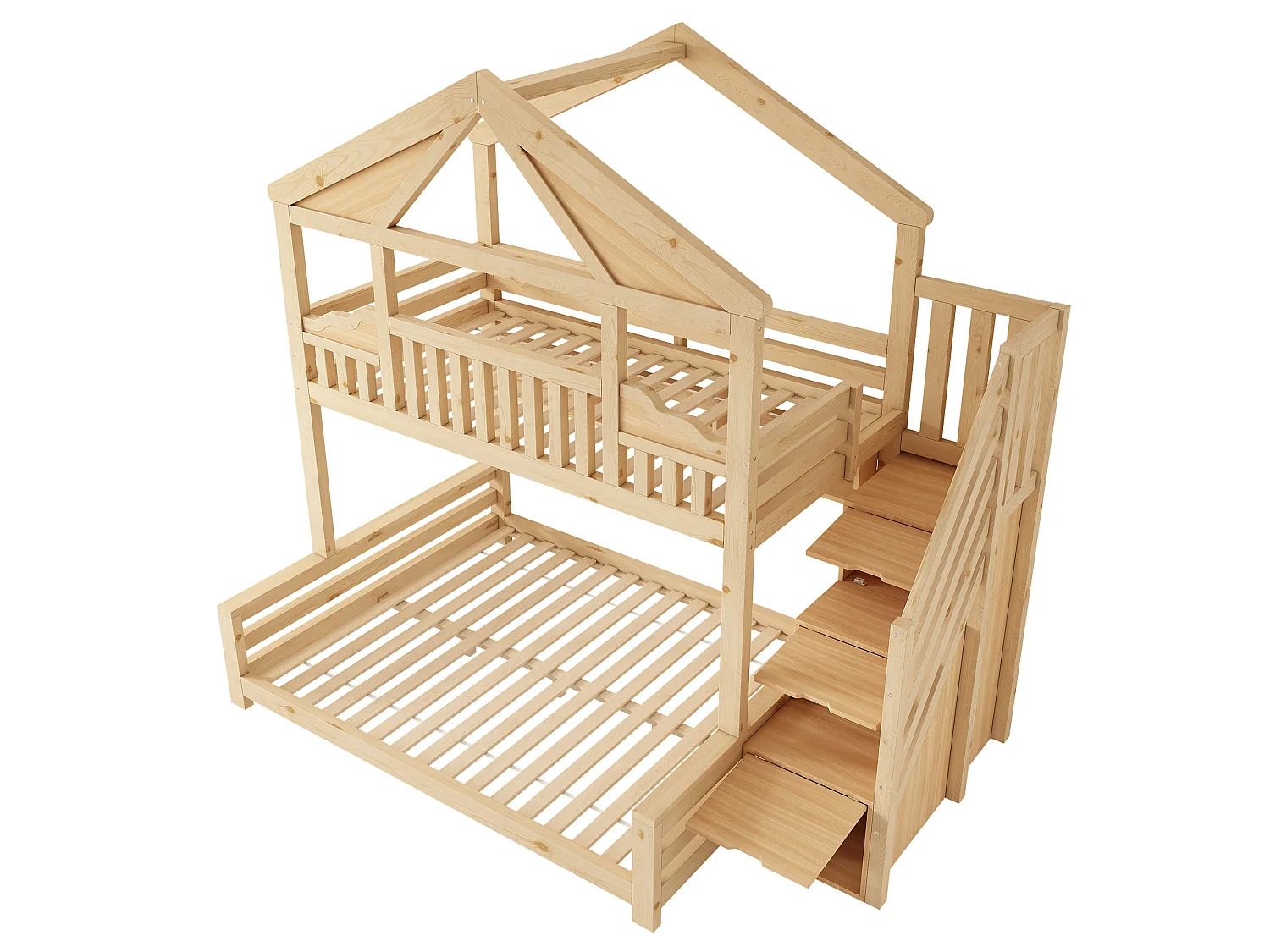 Lit superposé 90x200cm + 140x200cm - conception de maison - avec garde-corps et escalier de rangement - Bois massif + MDF - Naturel (sans matelas)