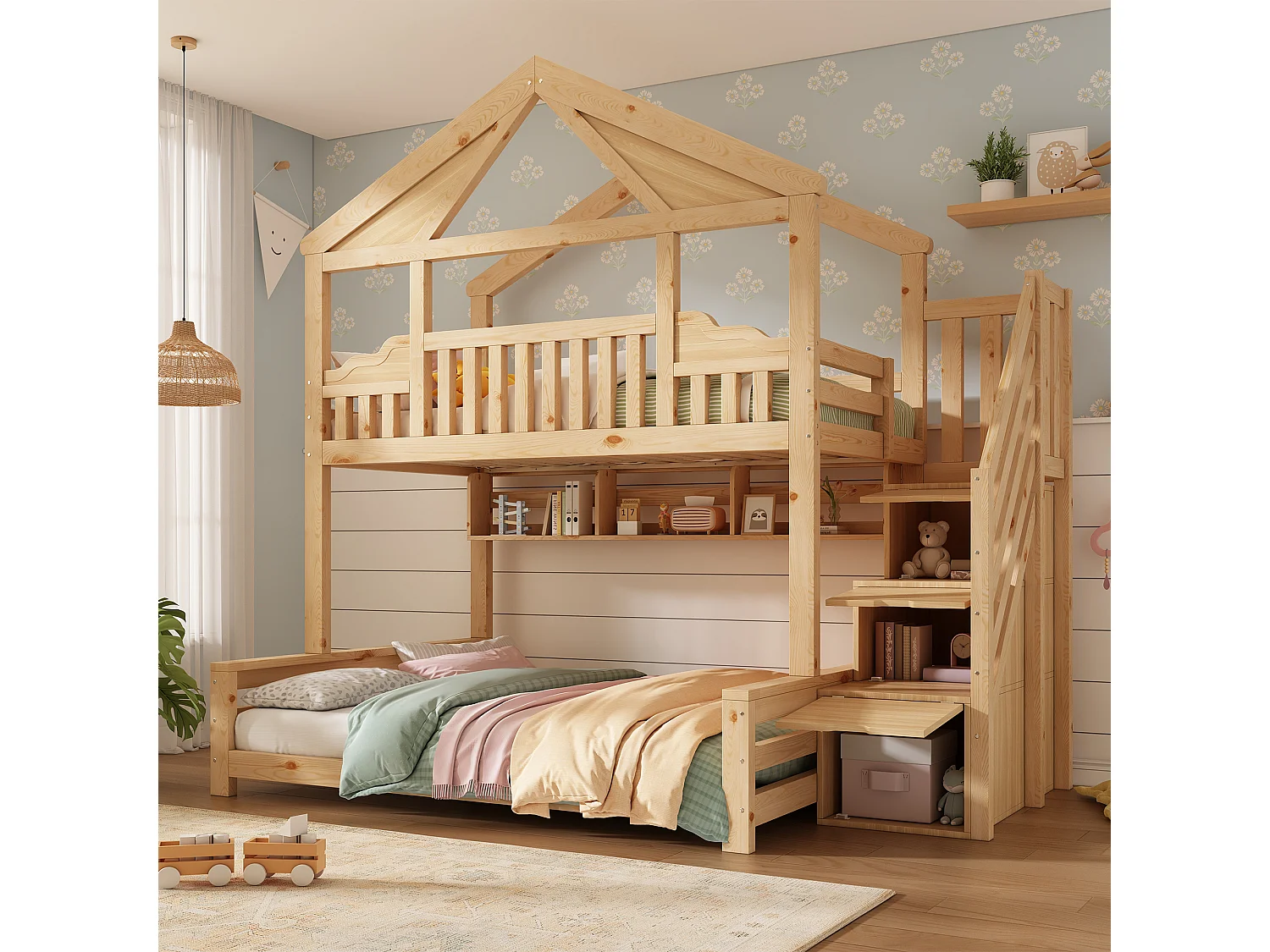Lit superposé 90x200cm + 140x200cm - conception de maison - avec garde-corps et escalier de rangement - Bois massif + MDF - Naturel (sans matelas)
