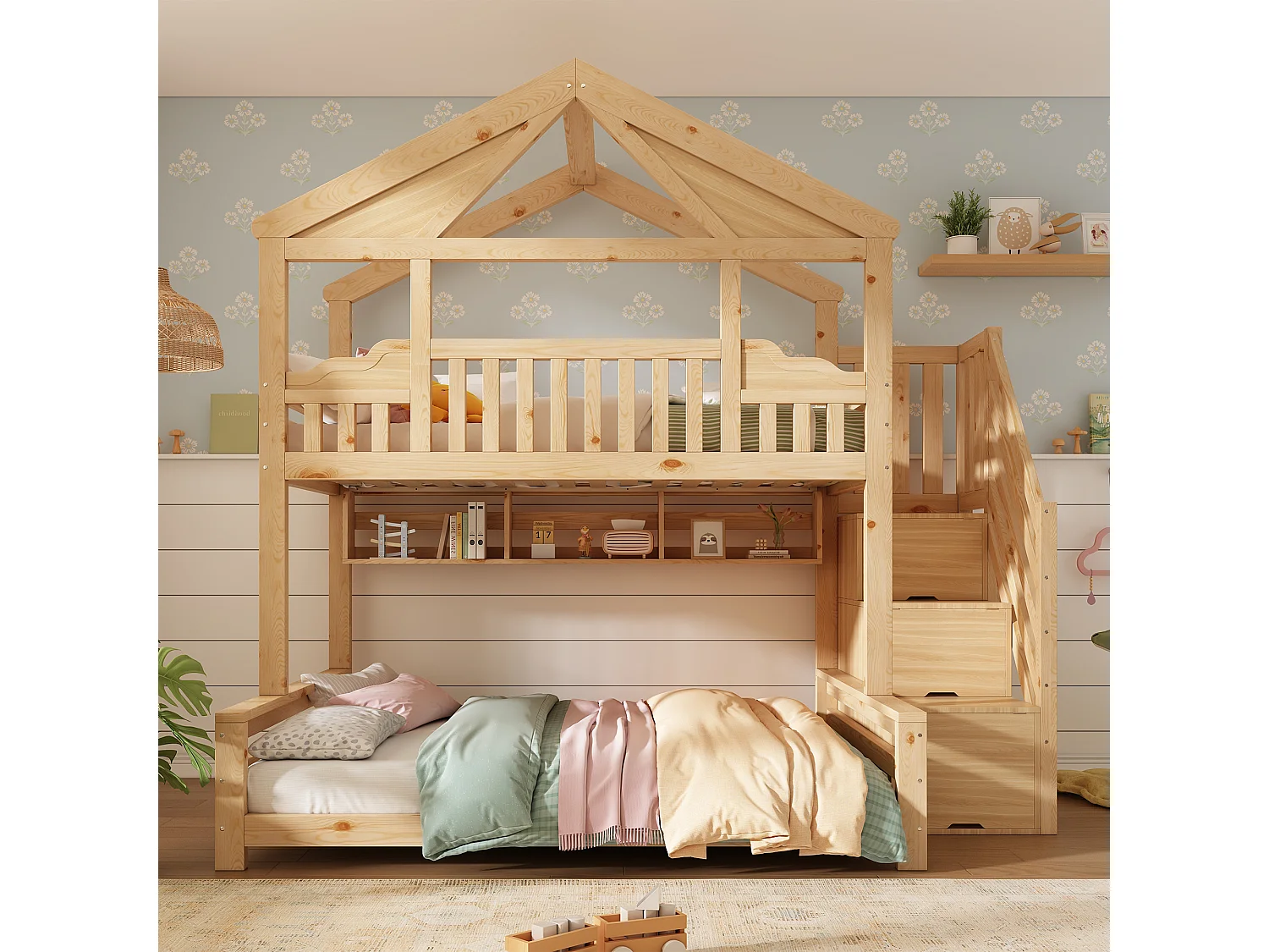 Lit superposé 90x200cm + 140x200cm - conception de maison - avec garde-corps et escalier de rangement - Bois massif + MDF - Naturel (sans matelas)