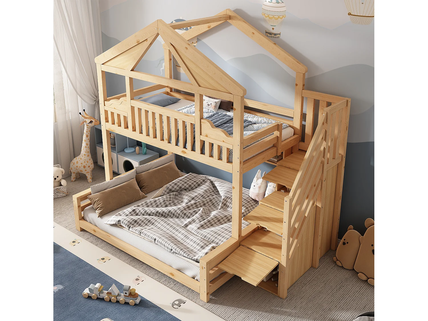 Lit superposé 90x200cm + 140x200cm - conception de maison - avec garde-corps et escalier de rangement - Bois massif + MDF - Naturel (sans matelas)