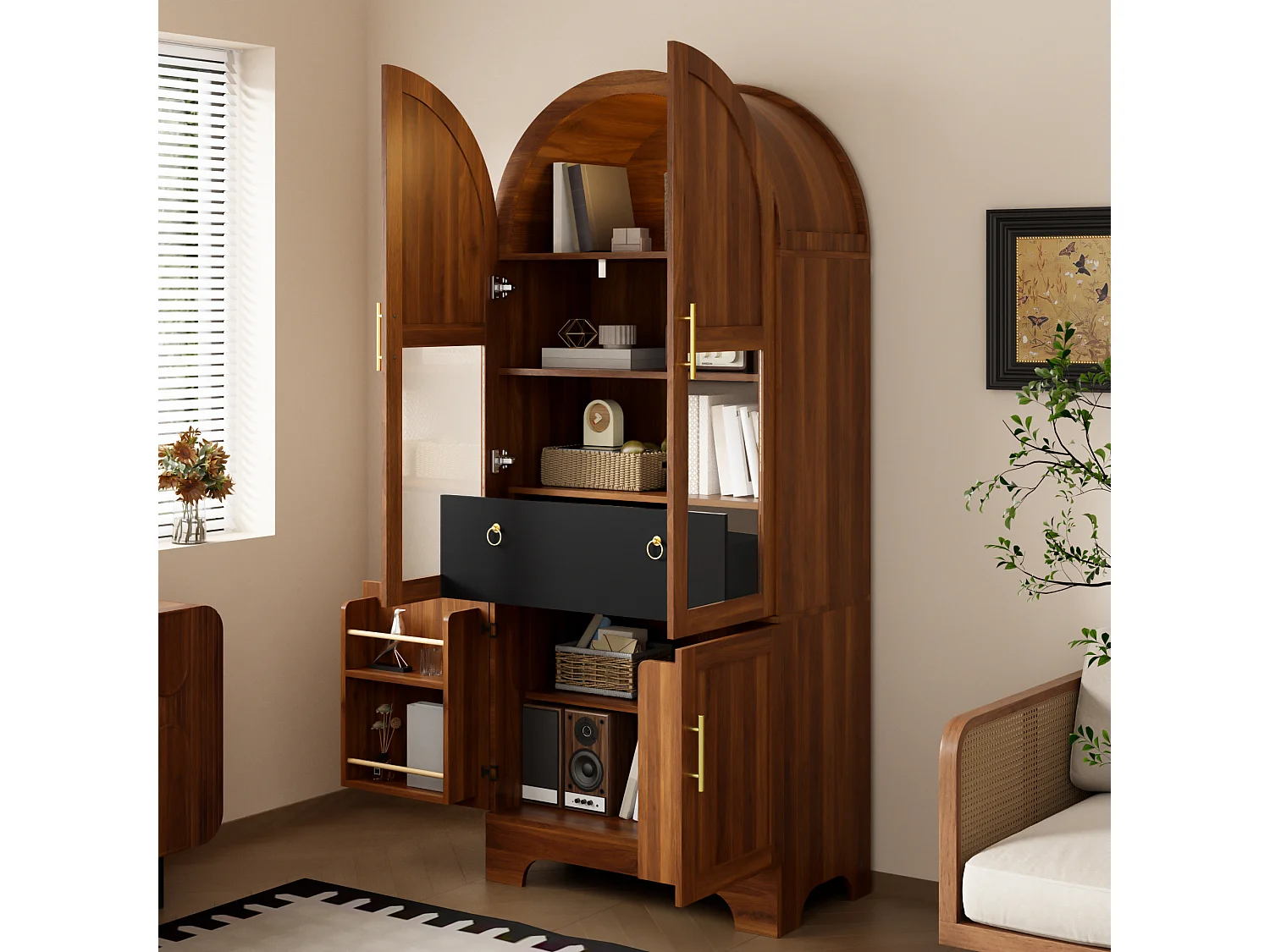 Vitrine haute 76x40x180 cm avec partie supérieure cintrée - Éclairage LED - 4 portes et 1 tiroir - MDF - Marron