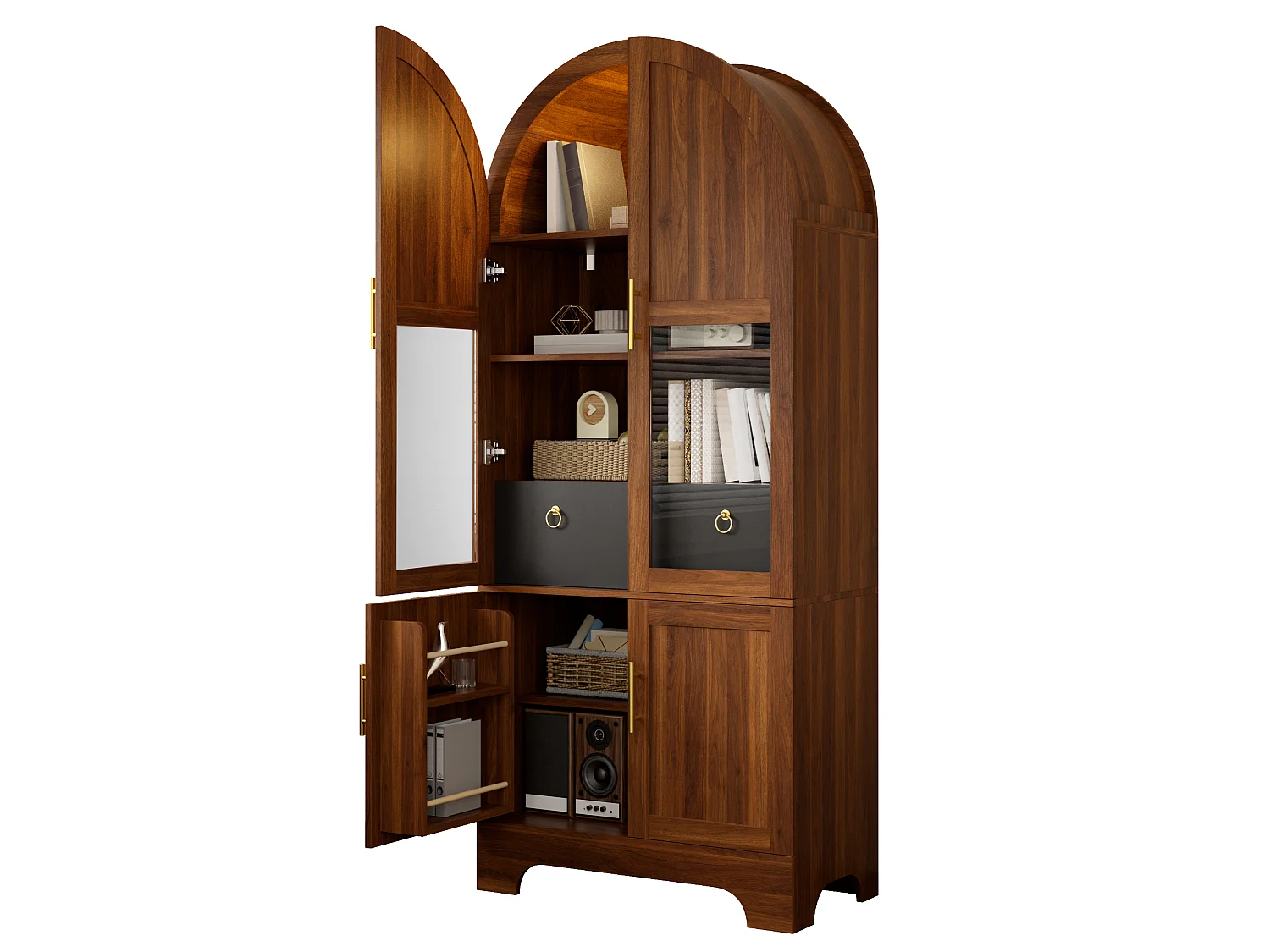 Vitrine haute 76x40x180 cm avec partie supérieure cintrée - Éclairage LED - 4 portes et 1 tiroir - MDF - Marron