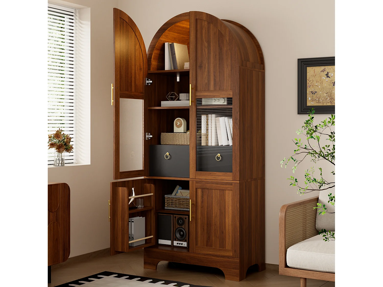 Vitrine haute 76x40x180 cm avec partie supérieure cintrée - Éclairage LED - 4 portes et 1 tiroir - MDF - Marron