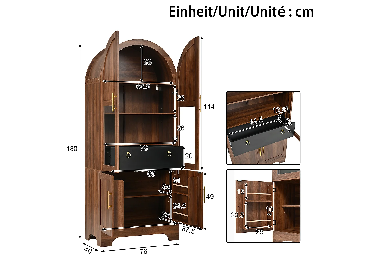 Vitrine haute 76x40x180 cm avec partie supérieure cintrée - Éclairage LED - 4 portes et 1 tiroir - MDF - Marron