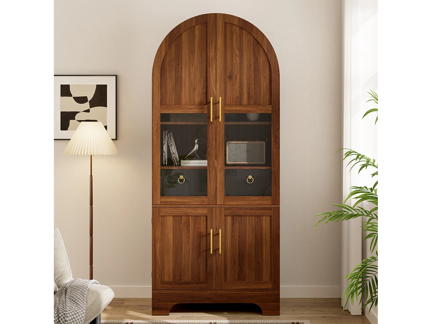 Vitrine haute 76x40x180 cm avec partie supérieure cintrée - Éclairage LED - 4 portes et 1 tiroir - MDF - Marron