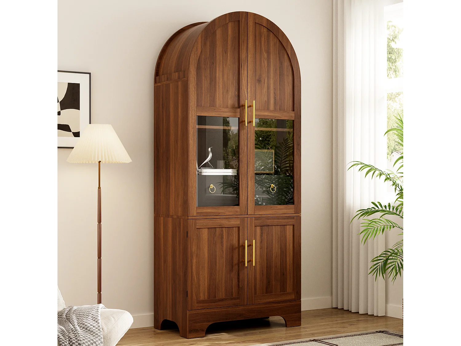 Vitrine haute 76x40x180 cm avec partie supérieure cintrée - Éclairage LED - 4 portes et 1 tiroir - MDF - Marron