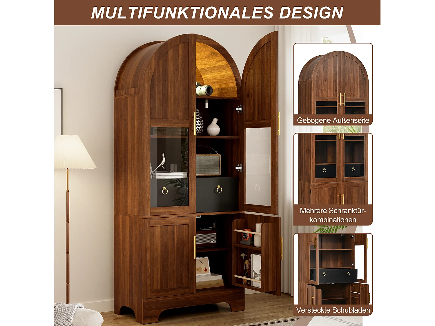 Vitrine haute 76x40x180 cm avec partie supérieure cintrée - Éclairage LED - 4 portes et 1 tiroir - MDF - Marron