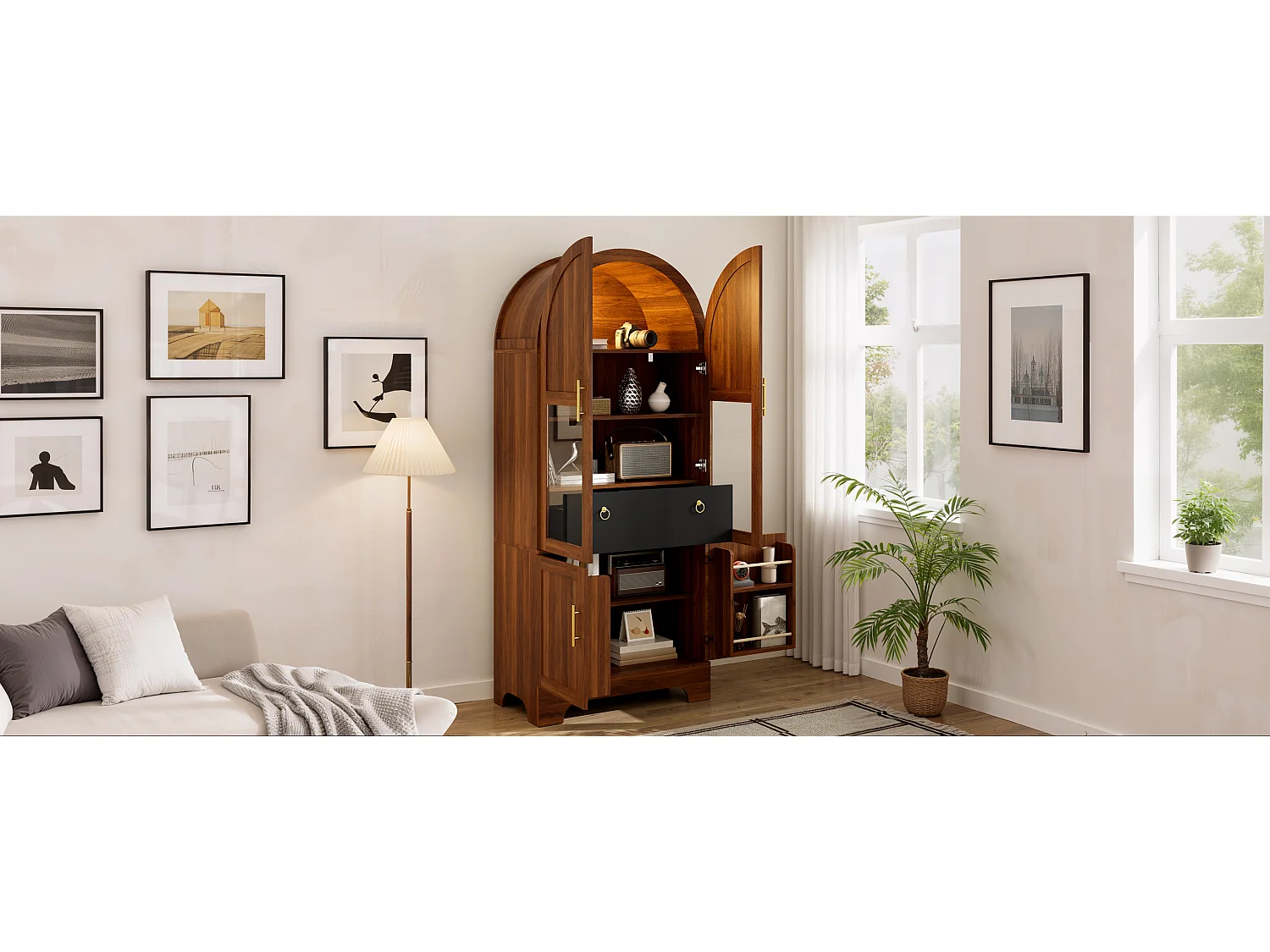 Vitrine haute 76x40x180 cm avec partie supérieure cintrée - Éclairage LED - 4 portes et 1 tiroir - MDF - Marron