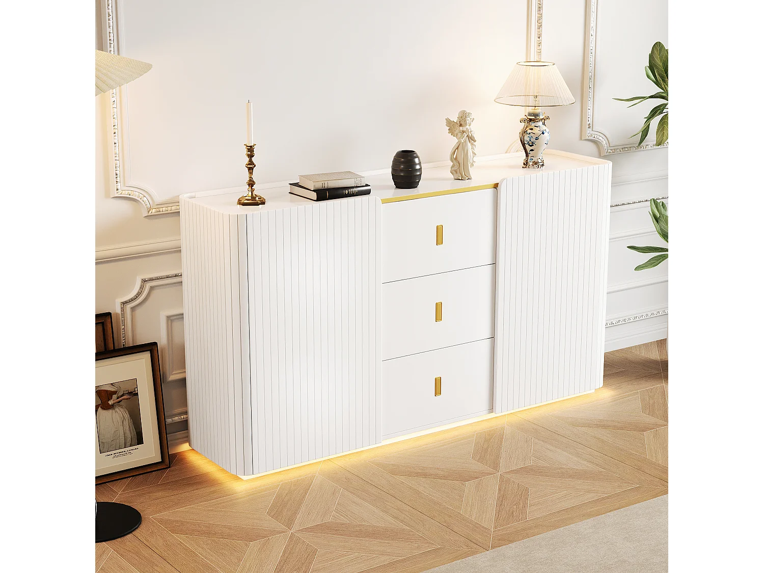 Sideboard with LED 150x35x80cm - 2 doors with 4 adjustable shelves and 3 drawers - Particle board - White
