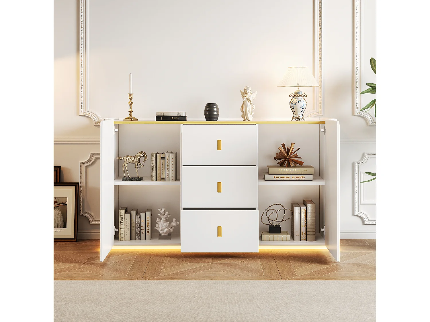 Sideboard with LED 150x35x80cm - 2 doors with 4 adjustable shelves and 3 drawers - Particle board - White
