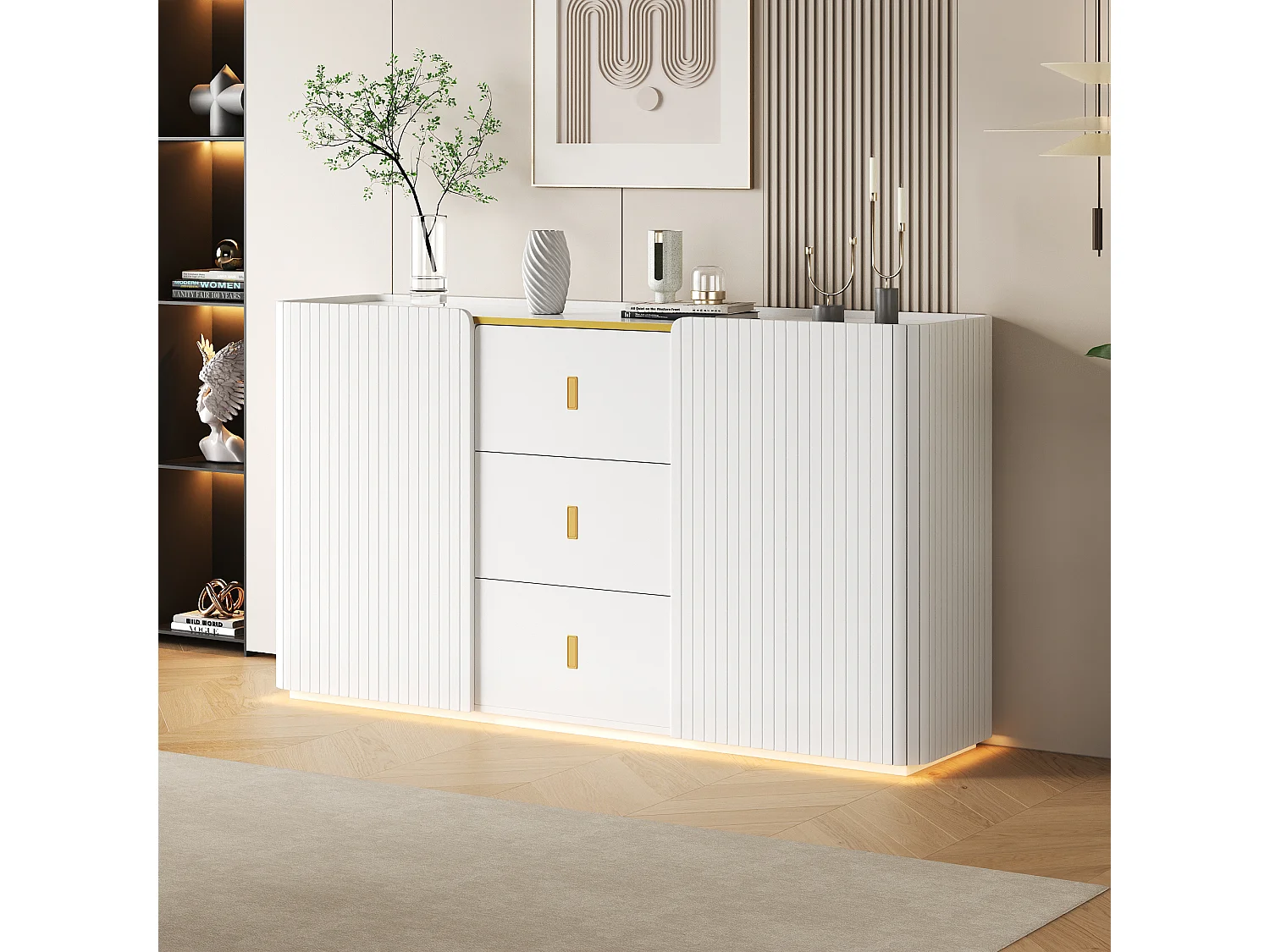 Sideboard with LED 150x35x80cm - 2 doors with 4 adjustable shelves and 3 drawers - Particle board - White