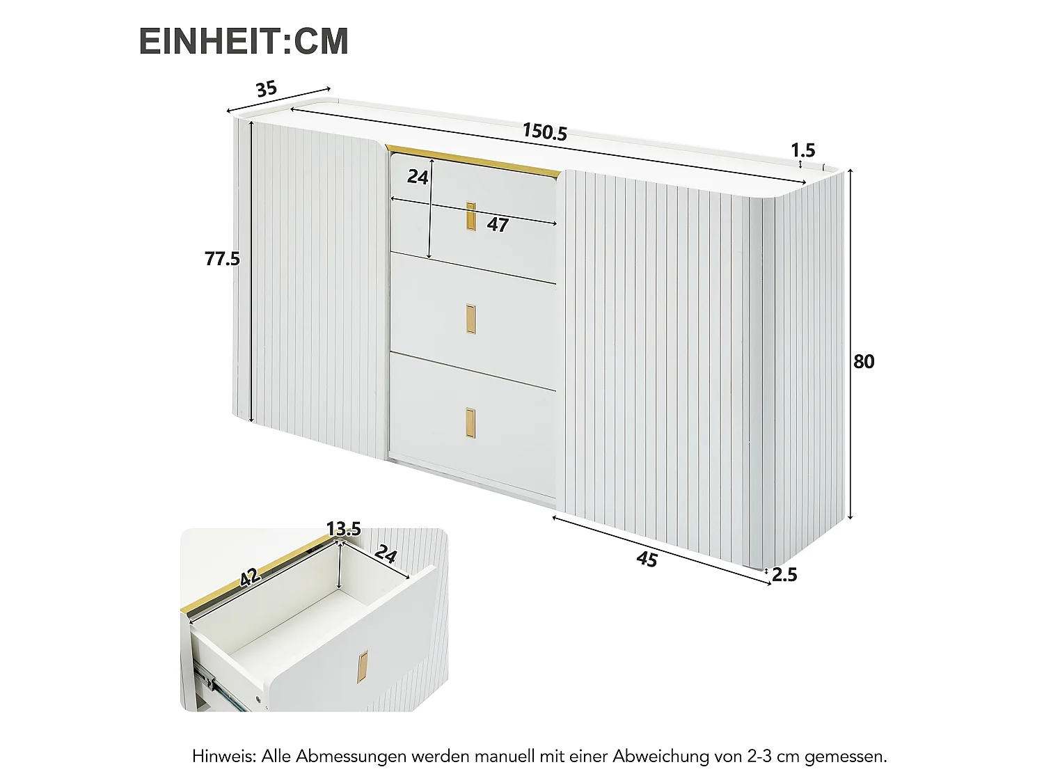 Sideboard with LED 150x35x80cm - 2 doors with 4 adjustable shelves and 3 drawers - Particle board - White